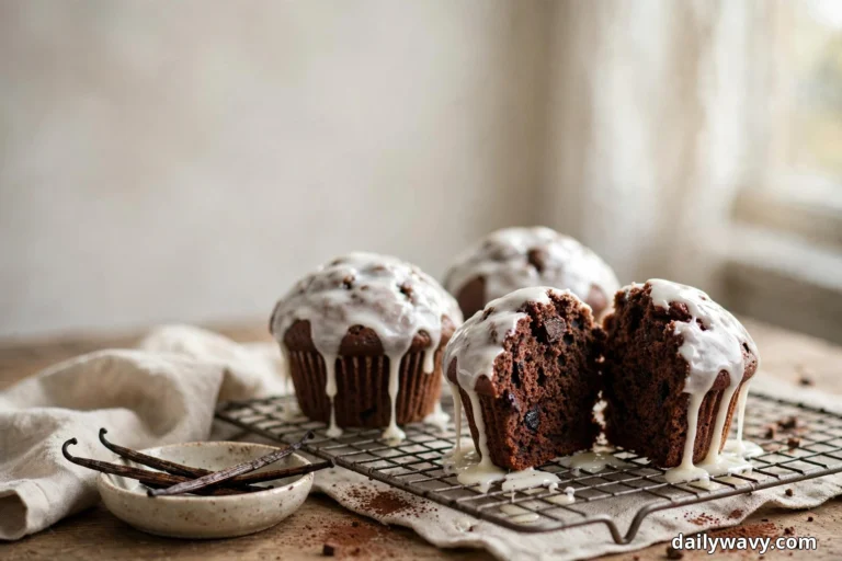 Chocolate muffins with white vanilla glaze dripping down their sides sit on a wire cooling rack by a bright window, with one muffin split open in front to show the dark, moist crumb