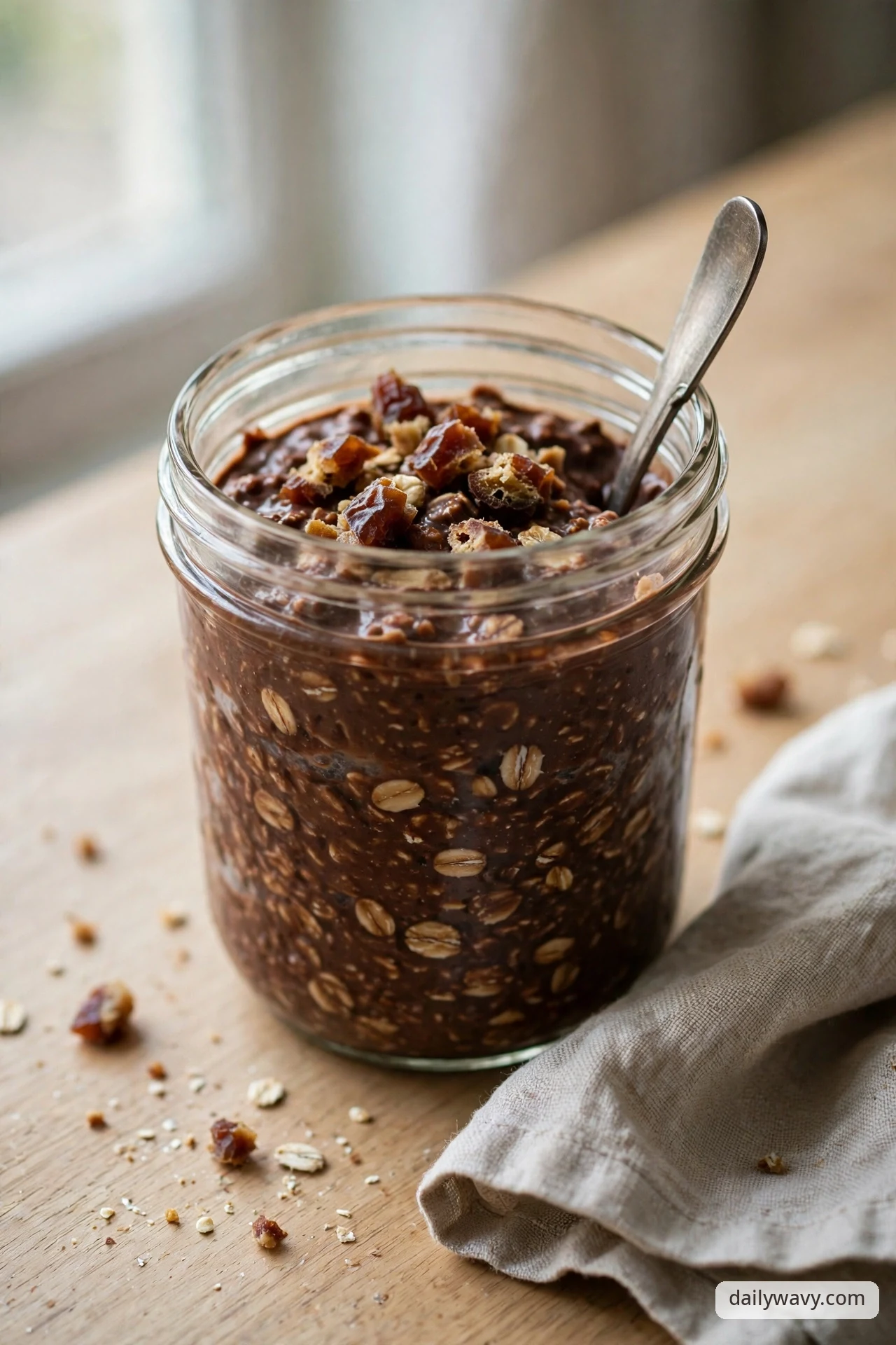 A closer view of a glass jar of chocolate overnight oats heaped with chopped dates, a spoon tucked into the jar, set on a wooden table beside a linen napkin.