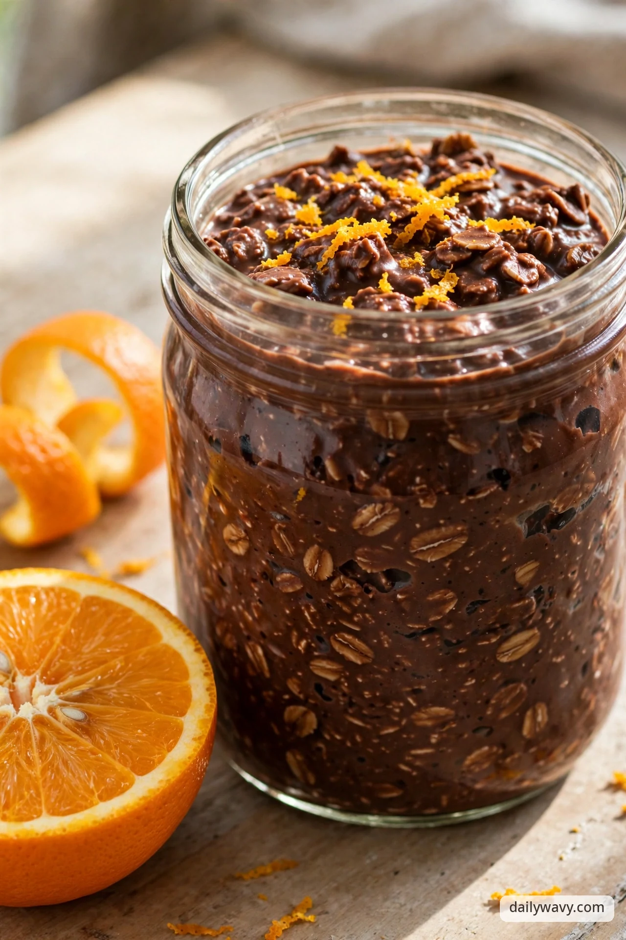 A glass jar of chocolate overnight oats sprinkled with bright orange zest, with a halved orange and curled orange peels on a wooden table beside it.