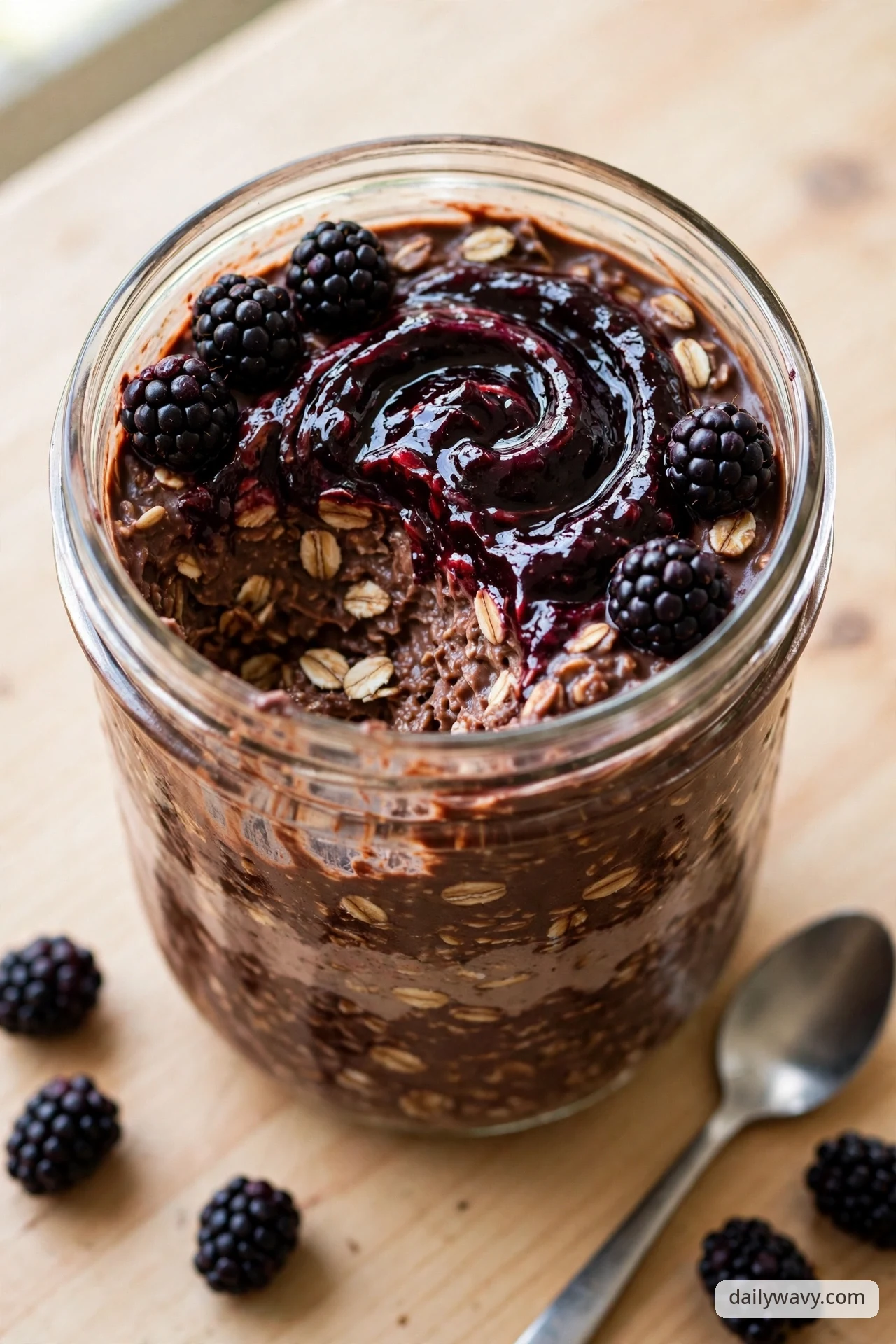A glass jar of chocolate overnight oats swirled with glossy blackberry jam and topped with fresh blackberries, with scattered berries and a spoon on a wooden table.