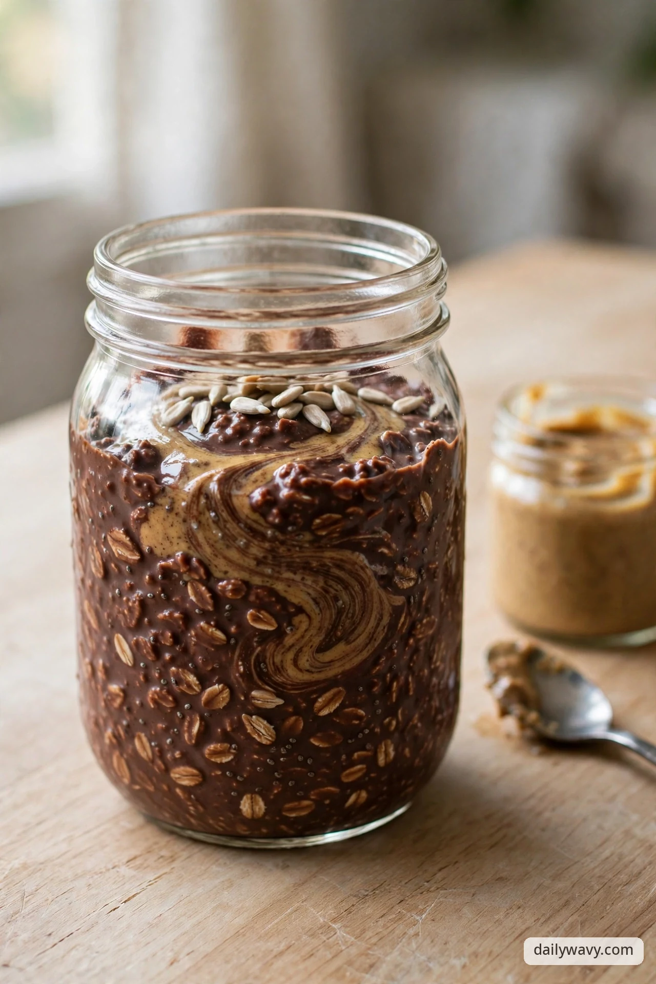 A glass jar of chocolate overnight oats with a sunflower butter swirl and a sprinkle of sunflower seeds on top, with a small jar of sunflower butter and a spoon beside it on a wooden table.