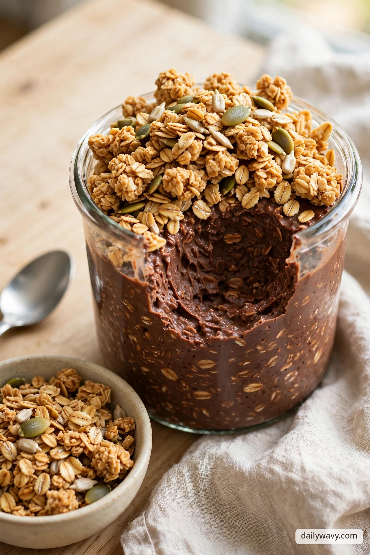 A glass jar of chocolate overnight oats piled high with toasted seed granola, with a spoonful taken to show the creamy chocolate oats, plus a small dish of granola and a spoon on a wooden table.