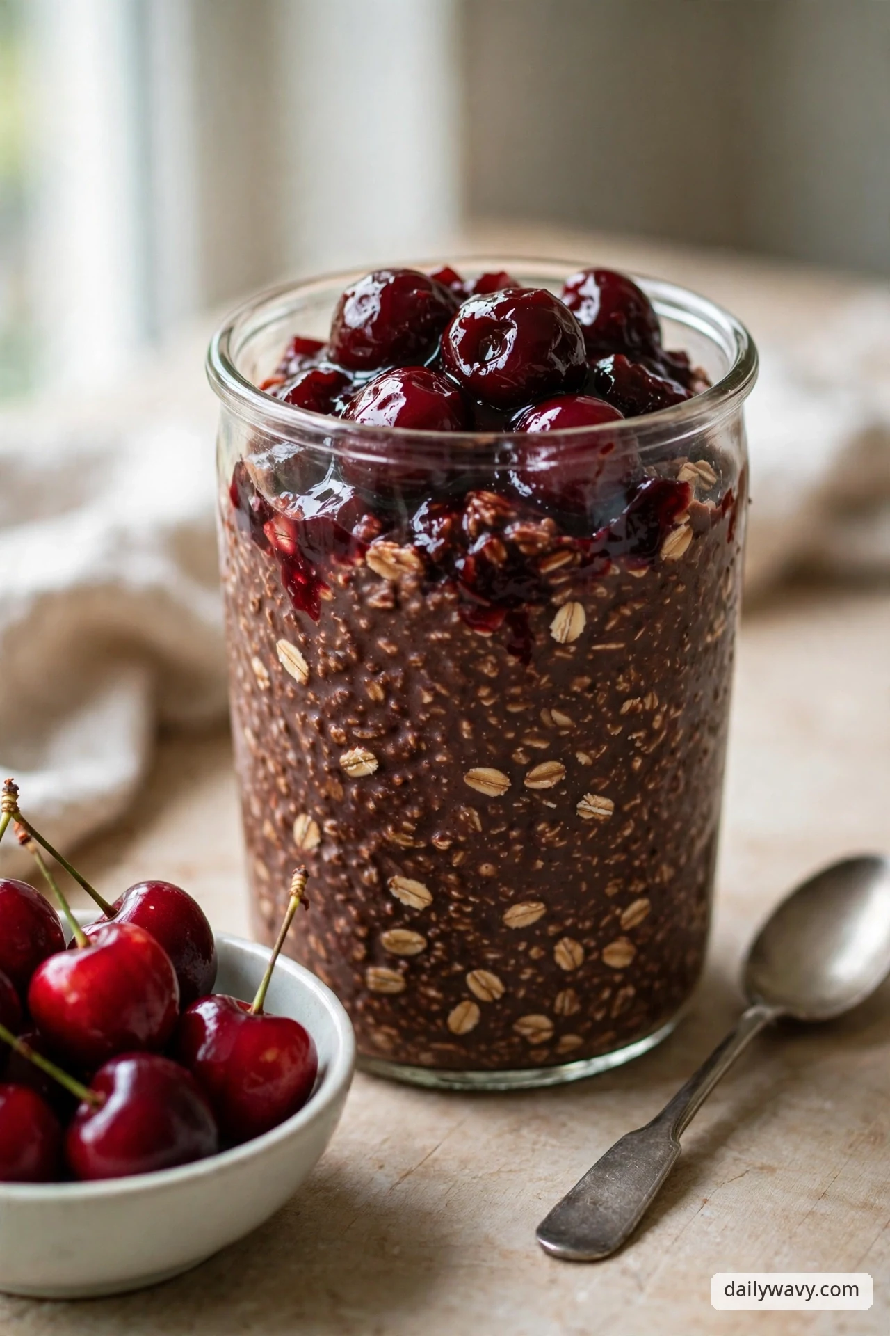A glass jar of chocolate overnight oats topped with glossy cherry compote, with a bowl of fresh stemmed cherries and a spoon on a wooden table.