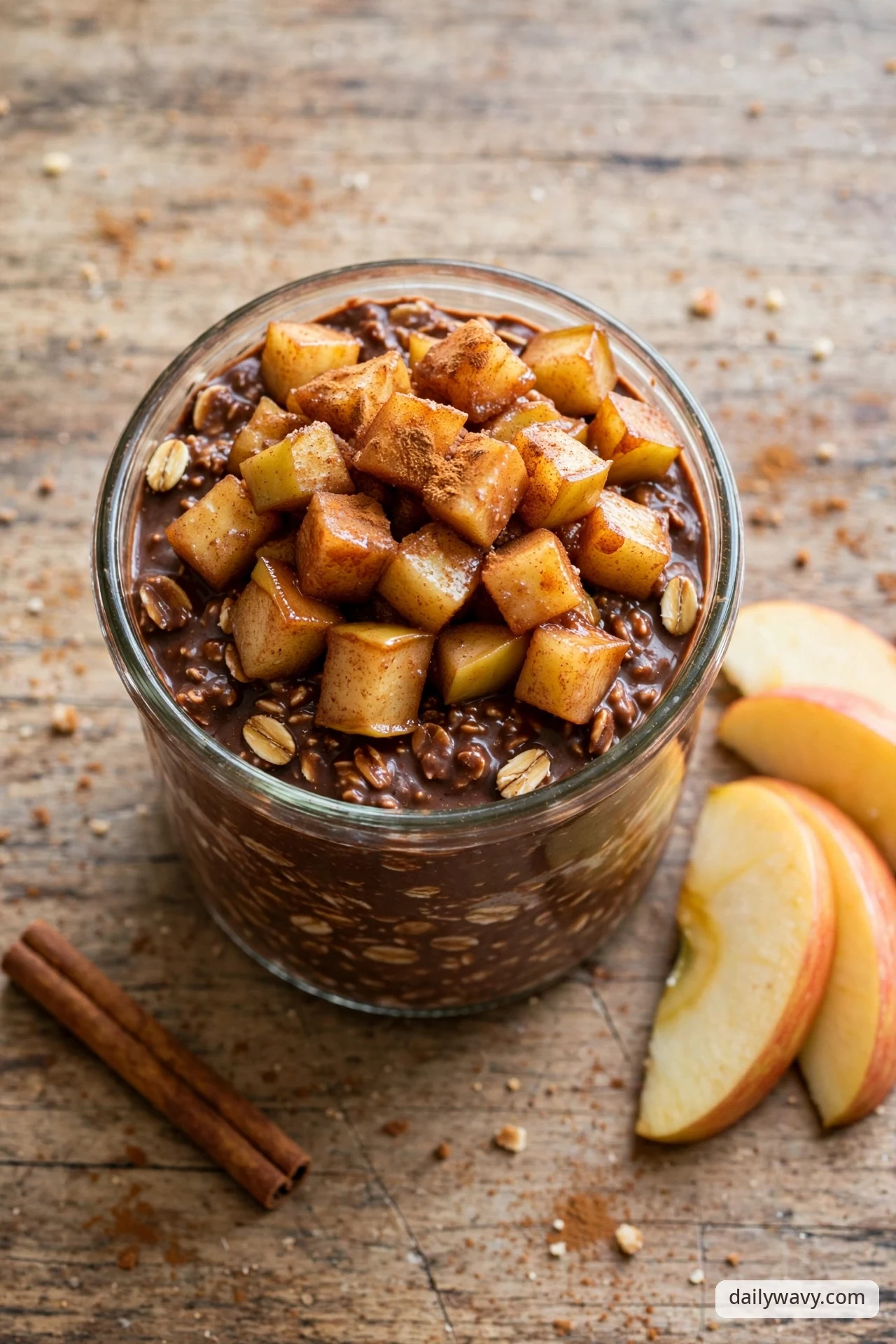 A glass jar of chocolate overnight oats topped with sauteed cinnamon apple cubes, with apple slices, cinnamon sticks and a dusting of cinnamon on a wooden table.