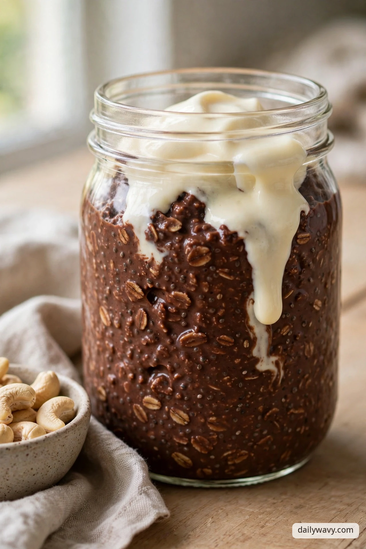 A glass jar of chocolate overnight oats crowned with a thick dollop of cashew cream dripping down the sides, with a small dish of raw cashews on a linen napkin.