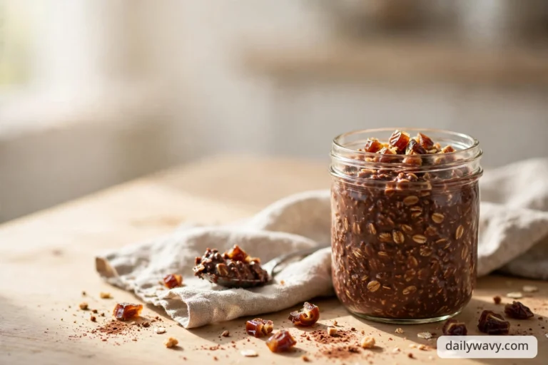 Wide view of a glass jar of chocolate overnight oats topped with chopped dates on a wooden table, with a spoon resting on a linen napkin and scattered date pieces around the jar.