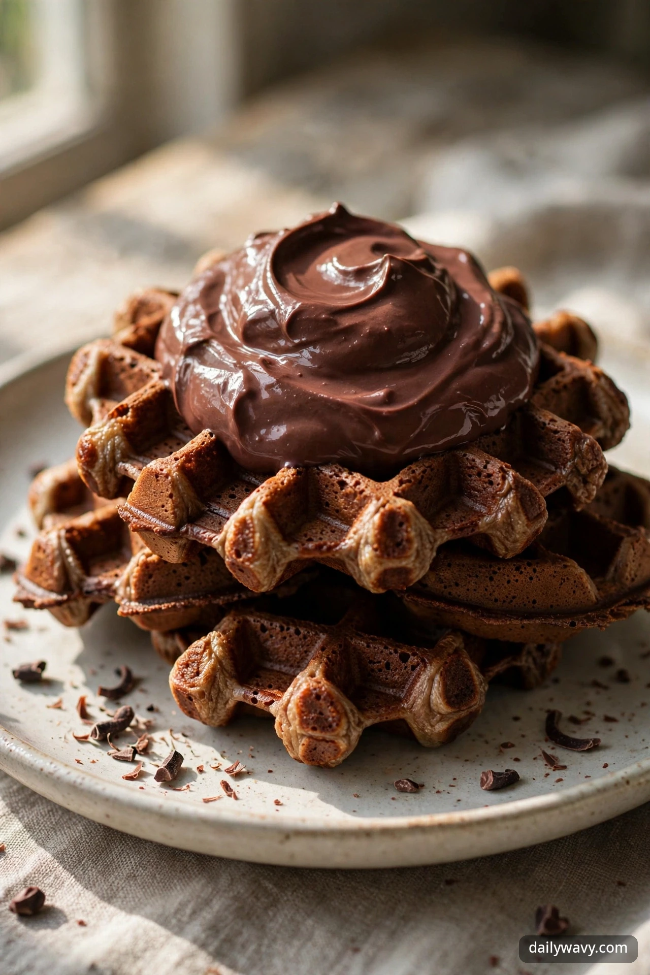 A stack of chocolate waffles crowned with a glossy swirl of chocolate yogurt, with chocolate shavings scattered on the plate beside the stack.