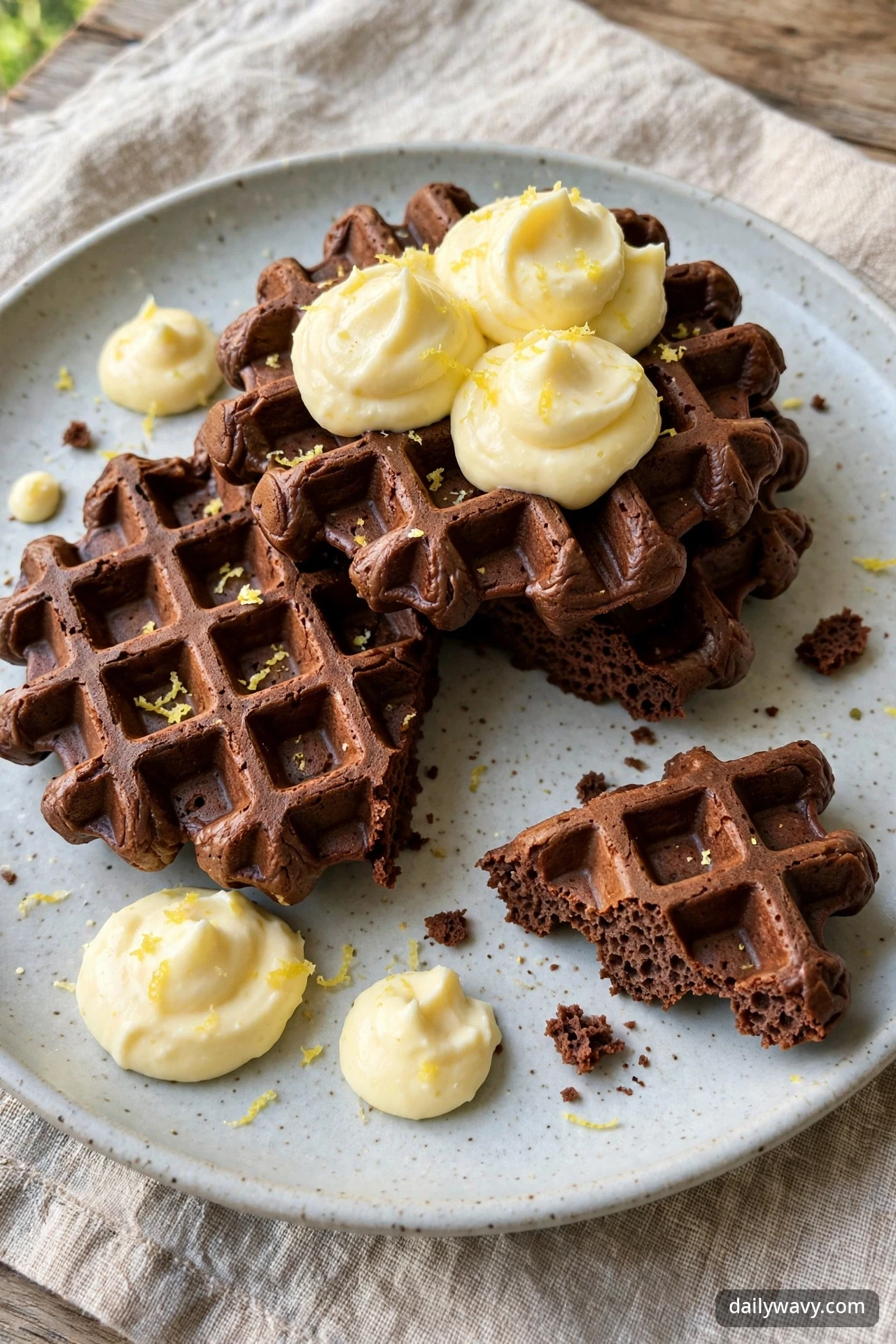 A stack of chocolate waffles crowned with piped dollops of lemon cream and grated lemon zest, with more cream dollops and a broken waffle piece on the plate beside the stack.