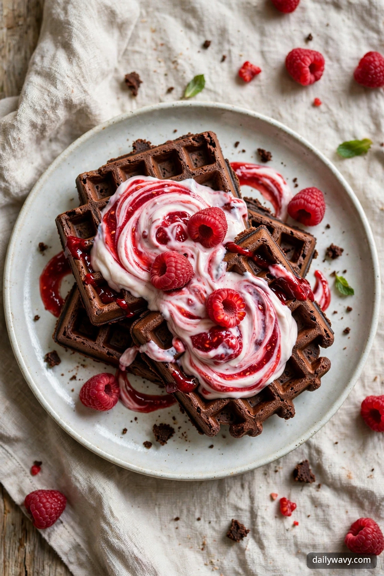 Chocolate waffles topped with a ruby raspberry yogurt swirl and whole raspberries on a plate, with more berries scattered beside the plate.