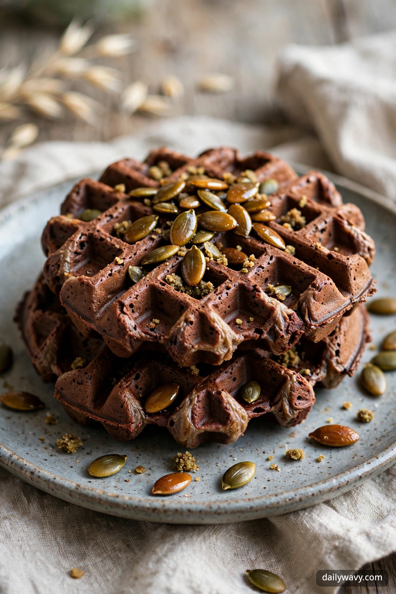 A stack of chocolate waffles covered with maple-glazed pumpkin seeds and sweet crumbs, with more seeds scattered on the plate.