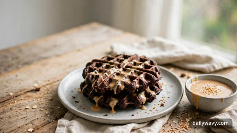 Wide view of a stack of chocolate waffles drizzled with maple tahini sauce on a ceramic plate, with a small bowl of tahini sauce and scattered sesame seeds on a rustic wooden table.