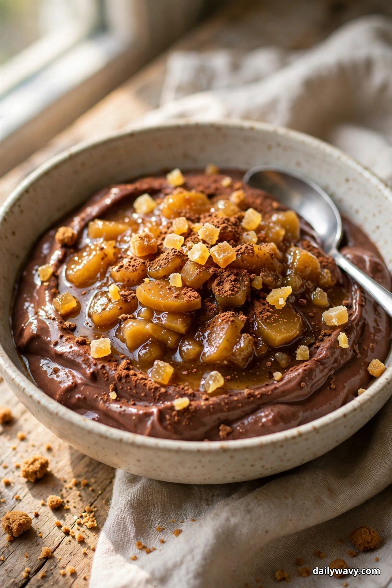 A close view shows a bowl of chocolate yogurt covered with ginger compote and chopped crystallized ginger dusted with cocoa, with a spoon resting in the bowl