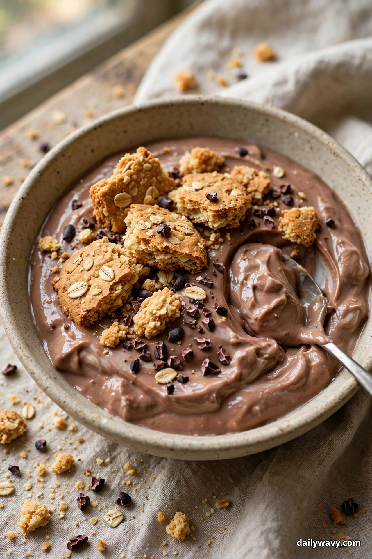 A bowl of chocolate yogurt is topped with broken oat biscuit pieces and scattered cocoa nibs, with a spoonful of yogurt lifted at the side