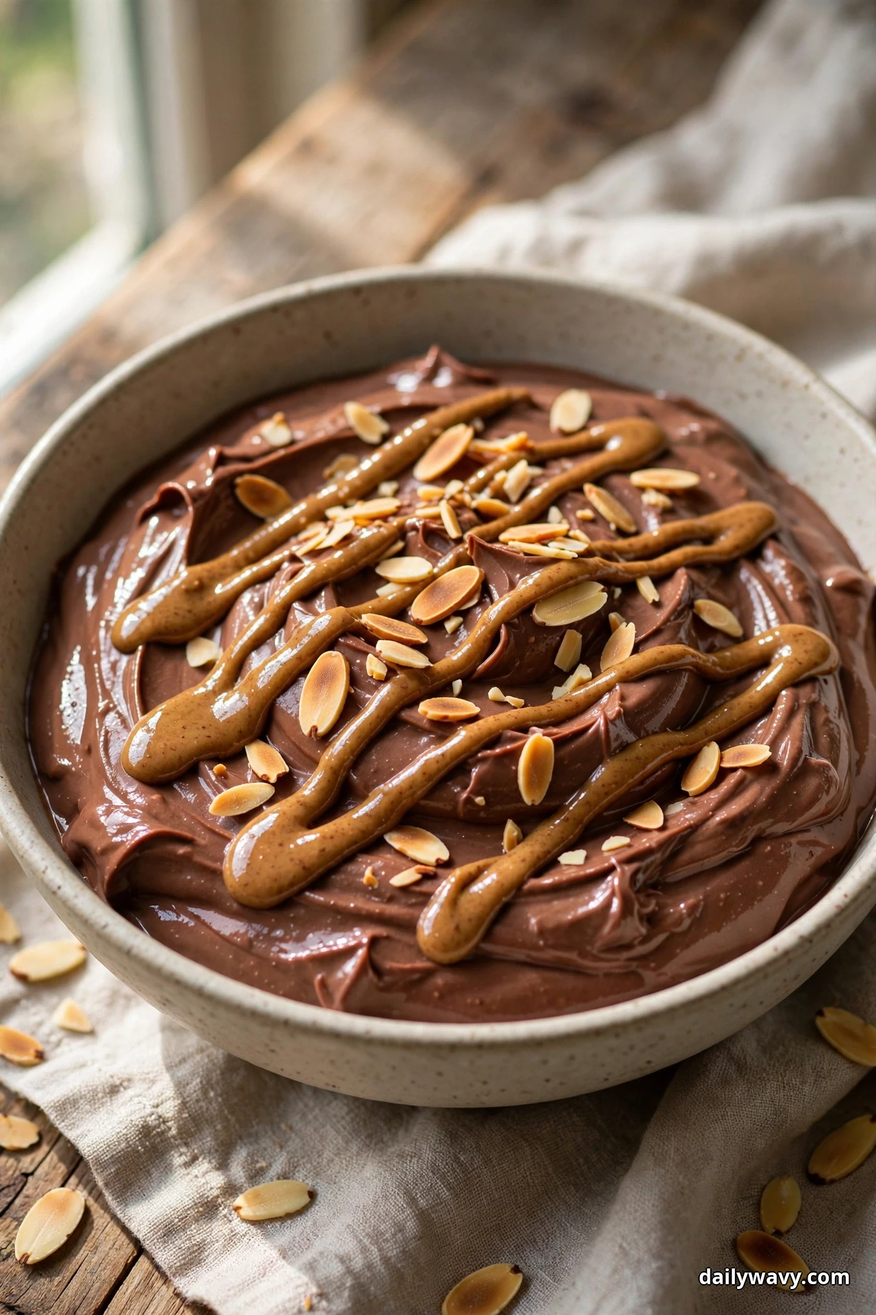 A bowl of chocolate yogurt is drizzled with almond butter in zigzag ribbons and scattered with toasted slivered almonds