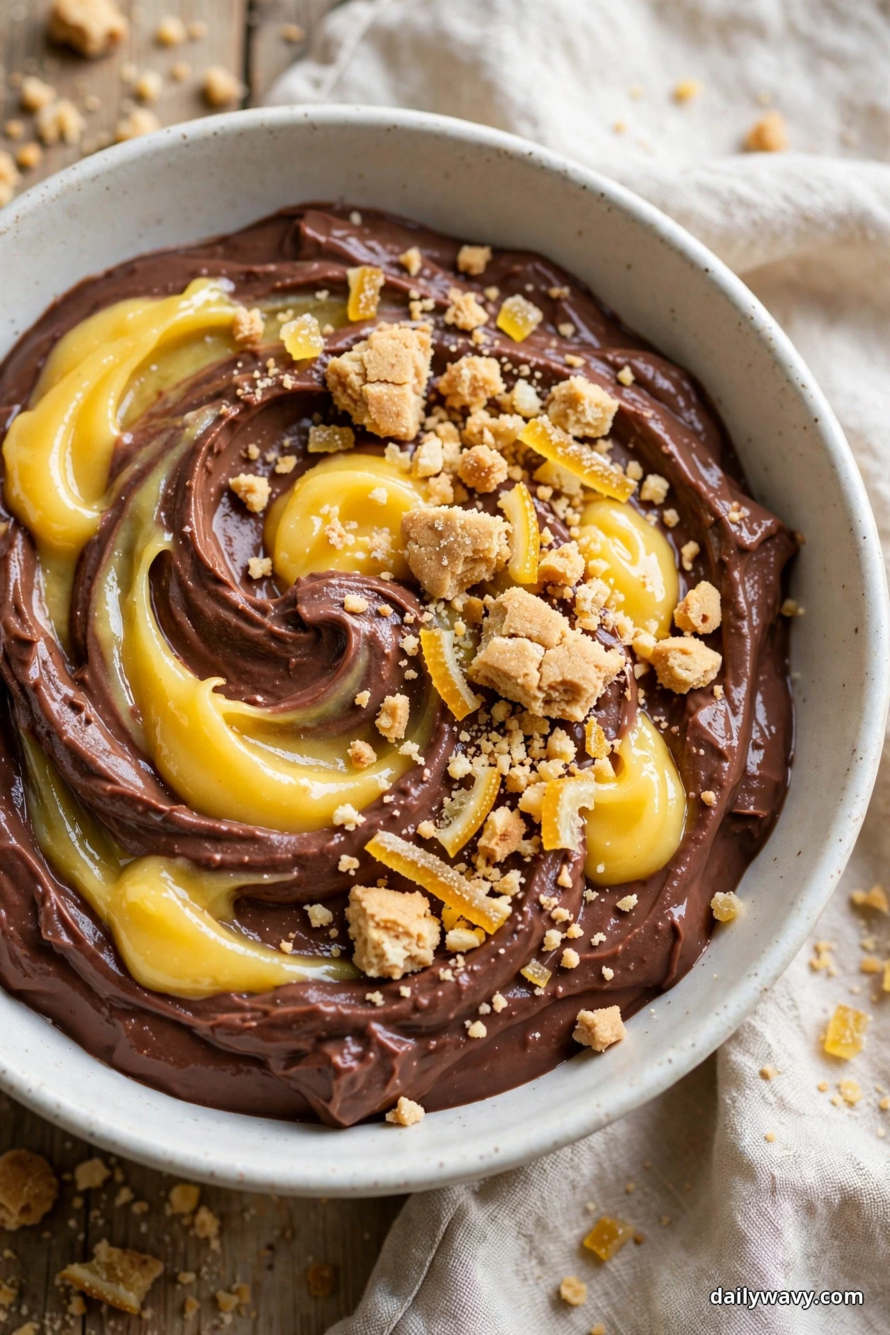 A bowl of chocolate yogurt is swirled with bright lemon curd and topped with crumbled snap cookies and strips of candied lemon peel