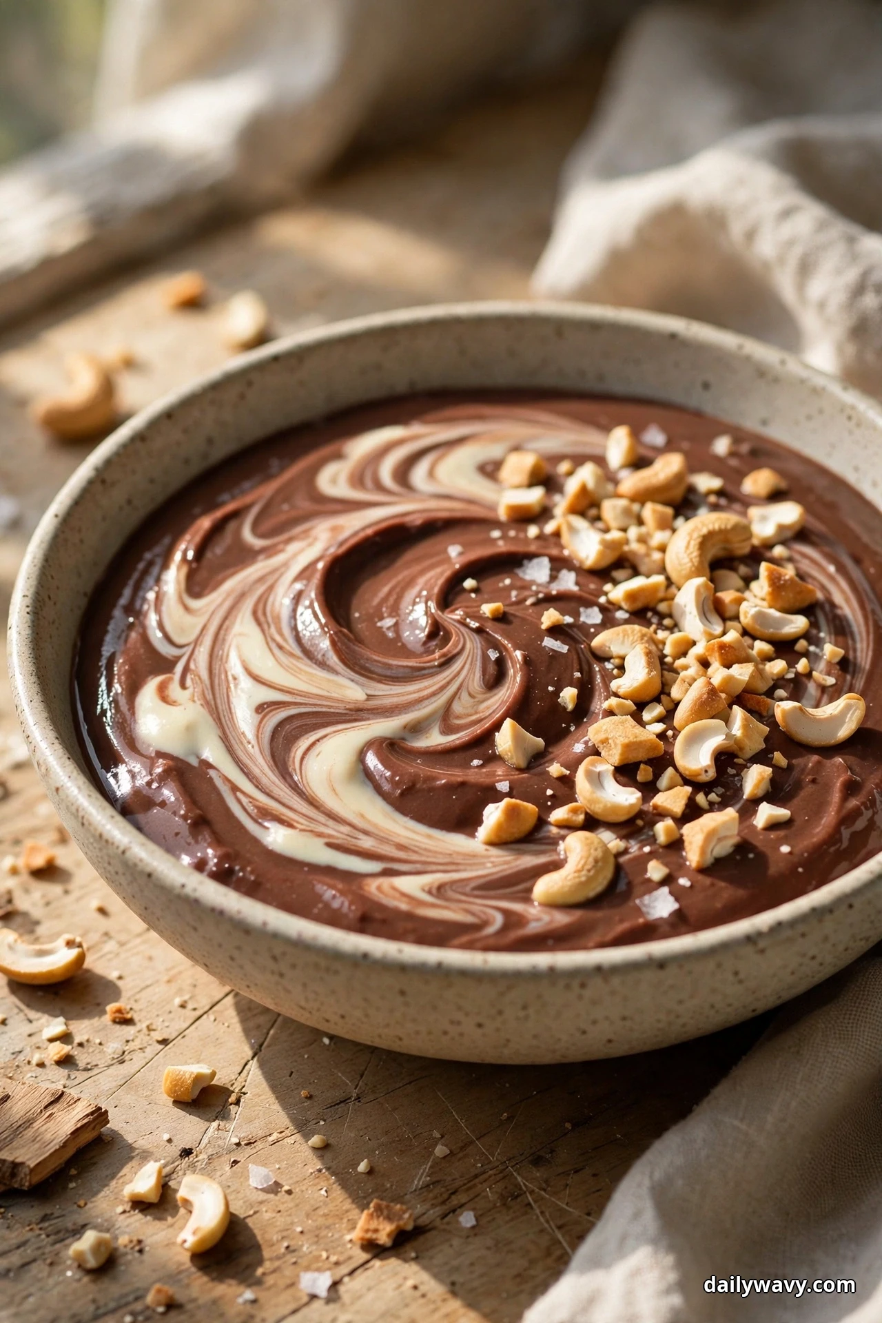 A bowl of chocolate yogurt marbled with pale cashew cream is scattered with chopped roasted cashews and flakes of sea salt