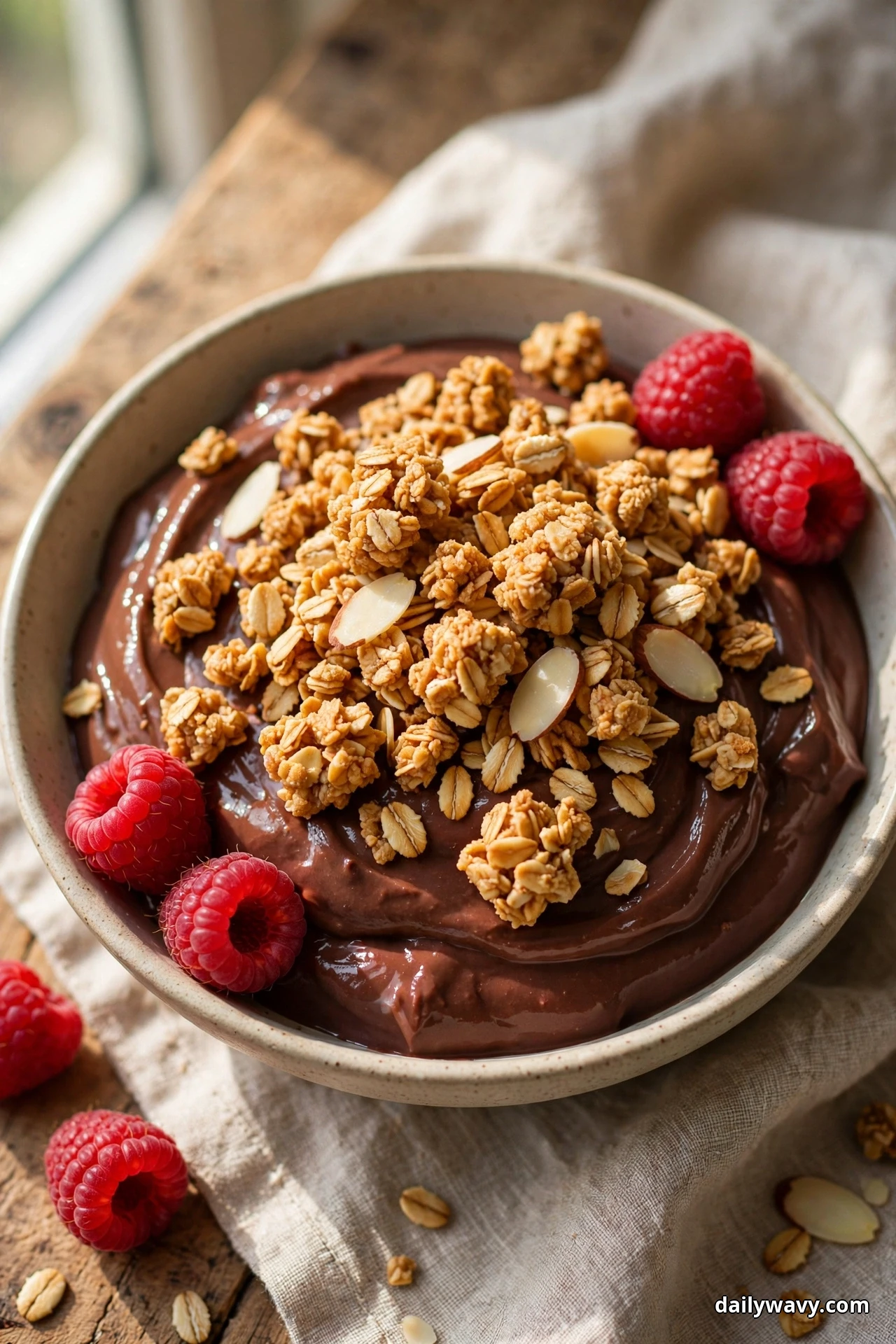 A bowl of chocolate yogurt is piled with almond granola clusters and sliced almonds, with fresh raspberries pressed into the yogurt around the edges