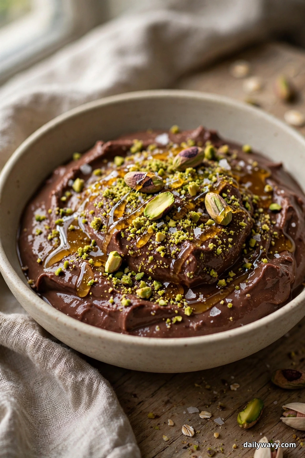 A bowl of chocolate yogurt is drizzled with honey and covered with green pistachio crumbs, a few shelled pistachios and flakes of sea salt