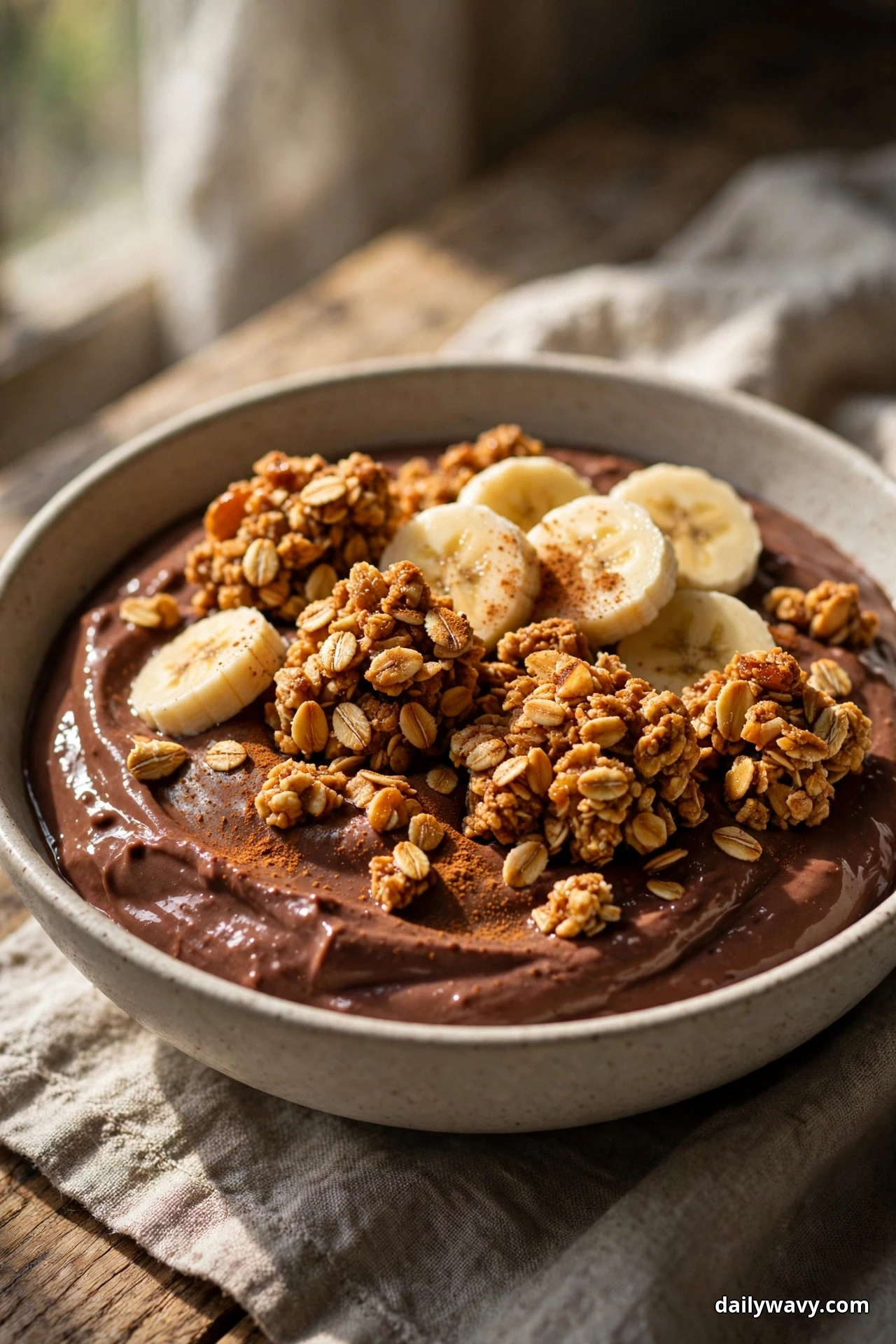 A bowl of chocolate yogurt is topped with honey-toasted oat clusters, banana slices and a dusting of cinnamon