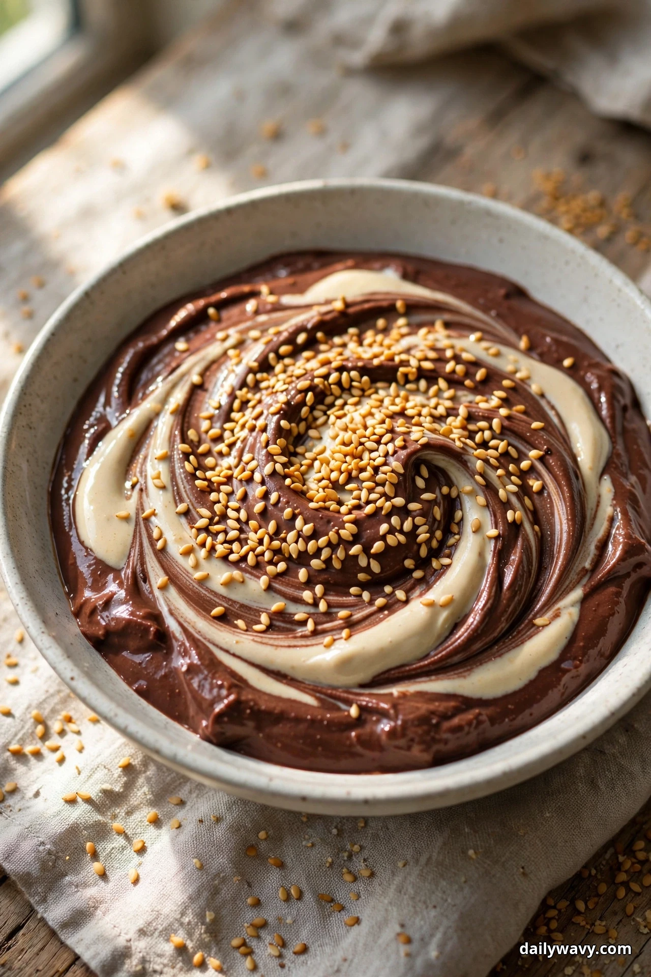 A bowl of chocolate yogurt is marbled with pale tahini swirls and covered with toasted sesame seeds
