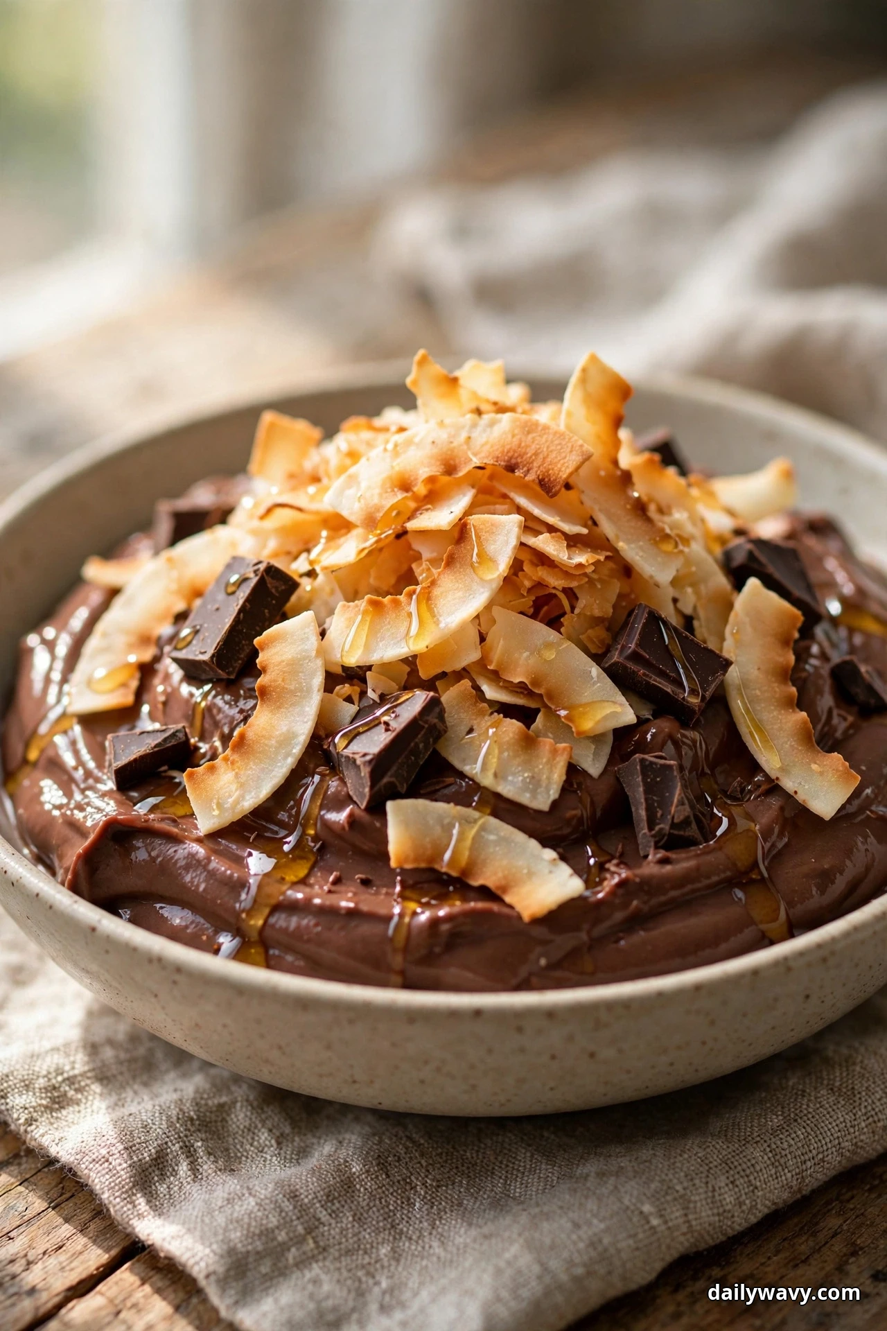 A bowl of chocolate yogurt is piled high with toasted coconut flakes and chunks of dark chocolate with a drizzle of honey