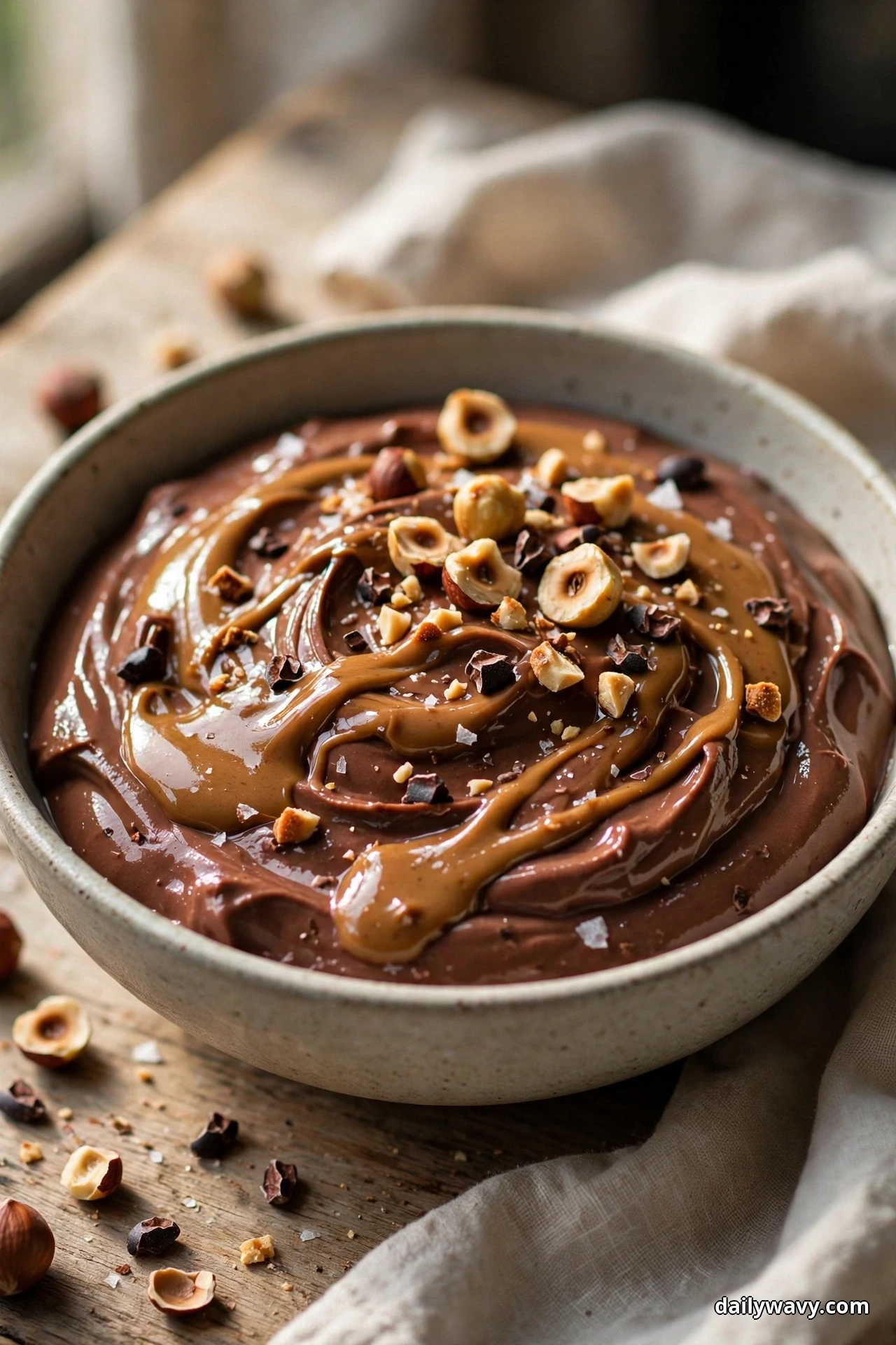 A bowl of chocolate yogurt is ribboned with hazelnut butter and scattered with chopped toasted hazelnuts, cocoa nibs and flakes of sea salt