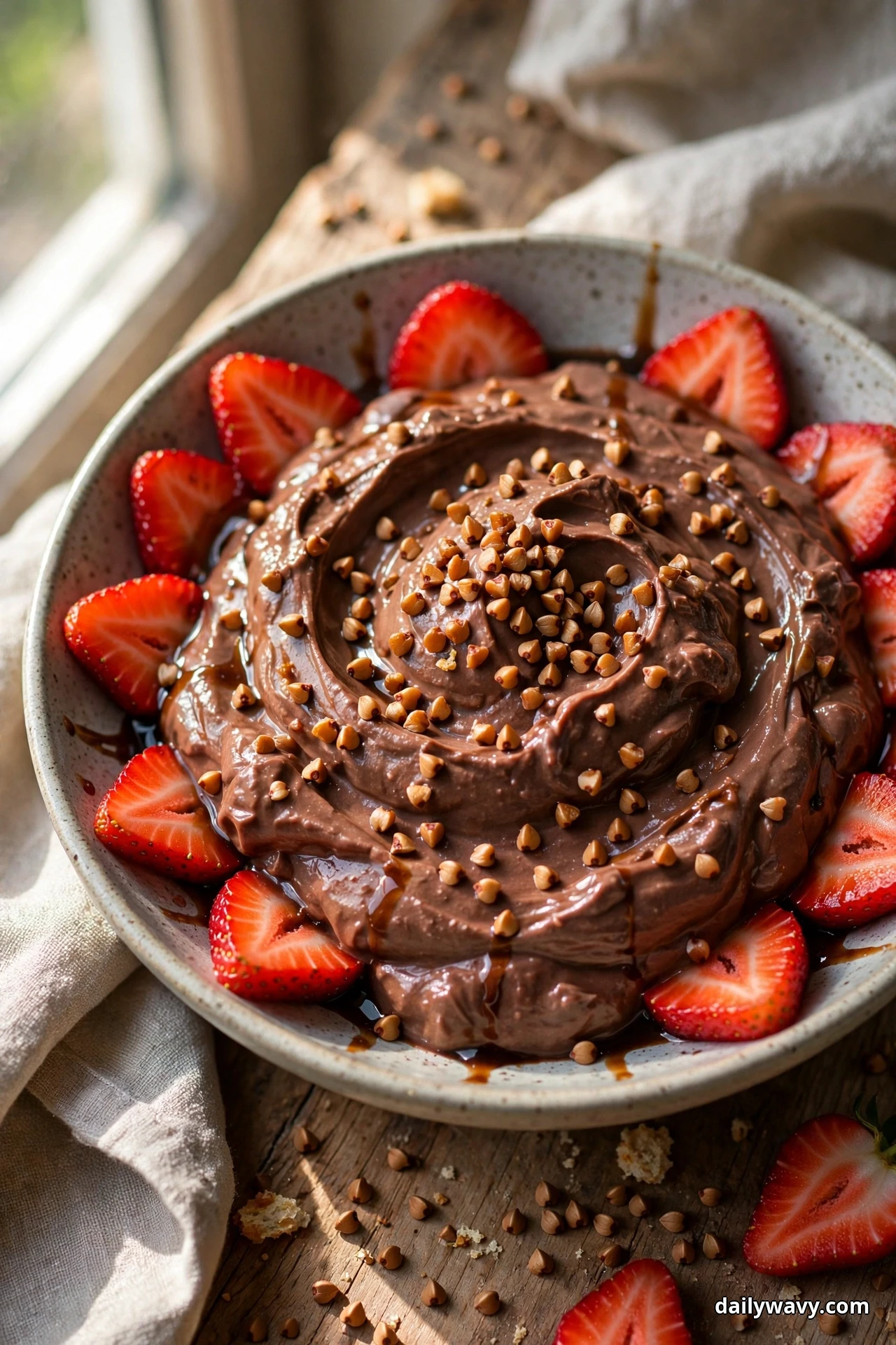 A bowl of chocolate yogurt is scattered with caramelized buckwheat groats and ringed with halved fresh strawberries
