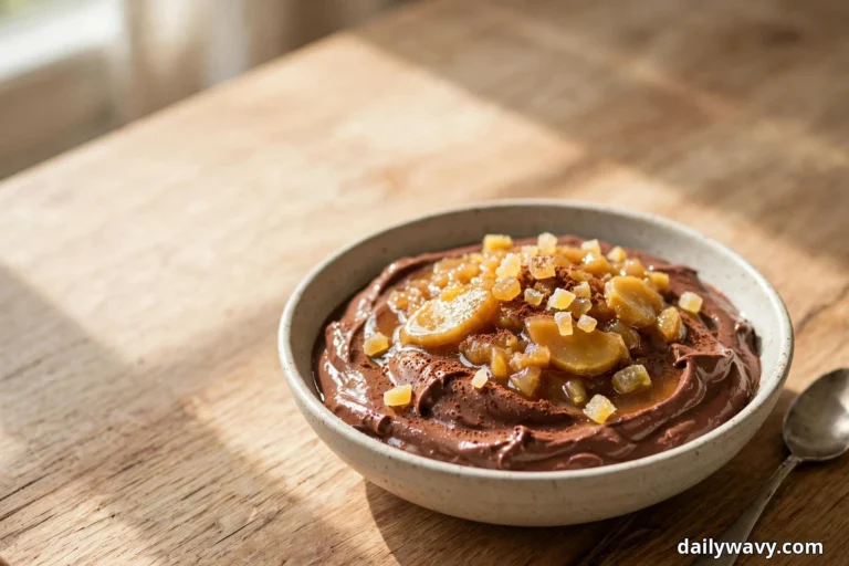 A shallow speckled bowl of chocolate yogurt topped with ginger compote slices and chopped crystallized ginger sits on a sunlit wooden table with a spoon resting beside it