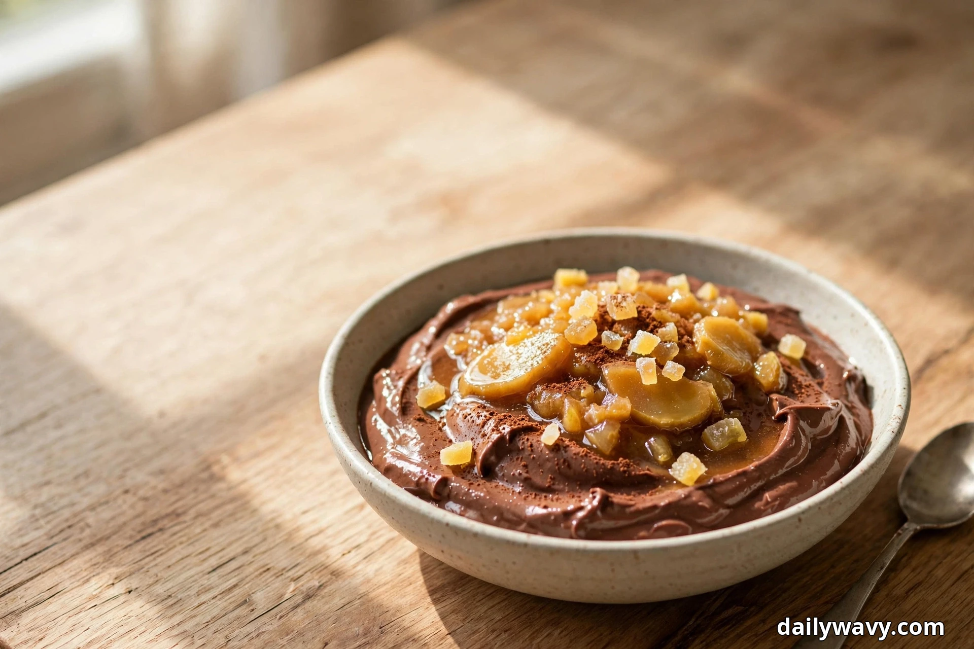 A shallow speckled bowl of chocolate yogurt topped with ginger compote slices and chopped crystallized ginger sits on a sunlit wooden table with a spoon resting beside it