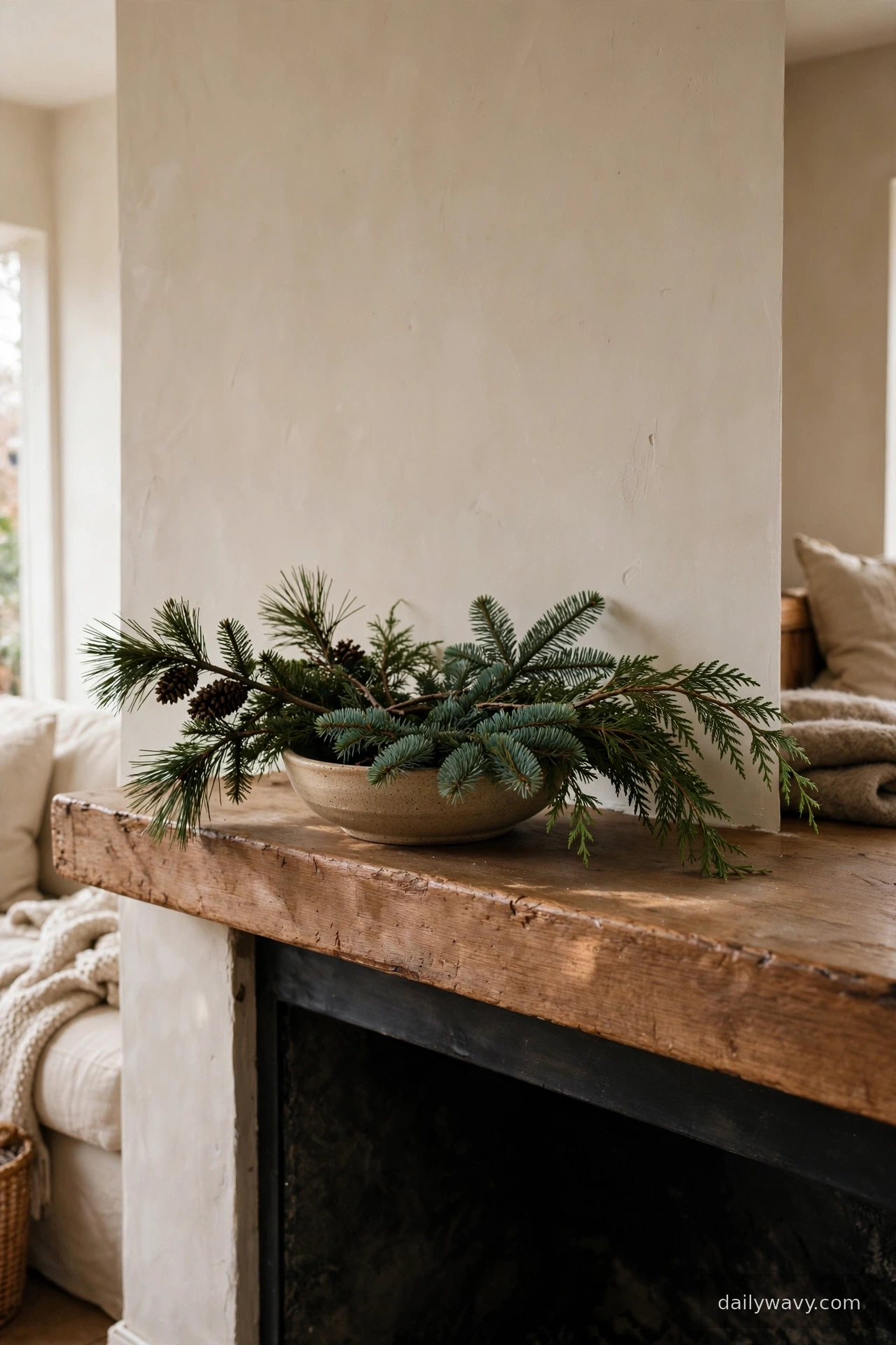 A low arrangement of seasonal stems in Christmas mantel decor