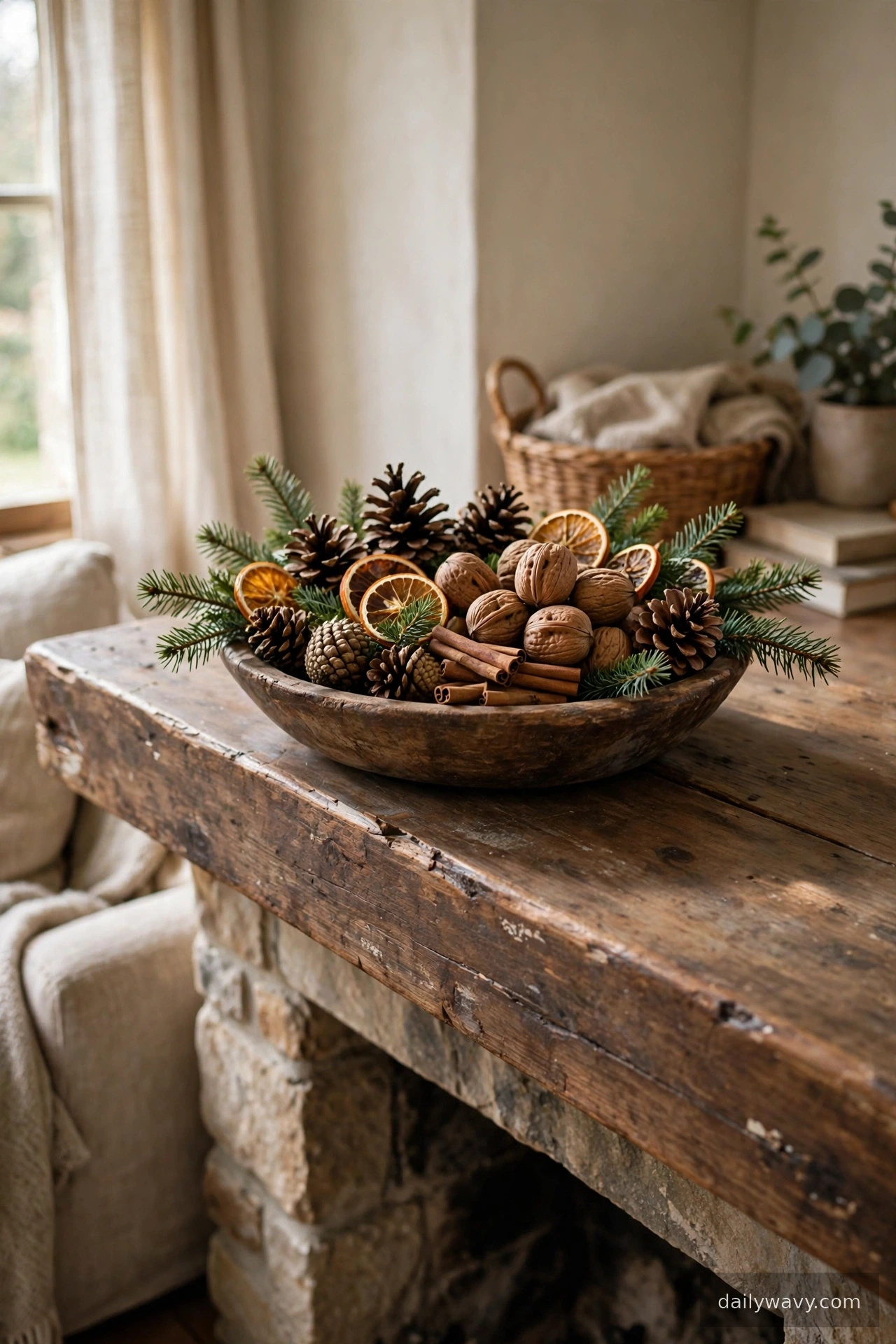A bowl of season-appropriate natural objects in Christmas mantel decor
