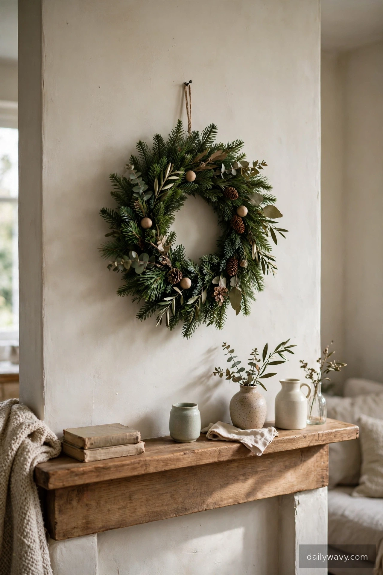 A compact wreath as a focal point in Christmas mantel decor