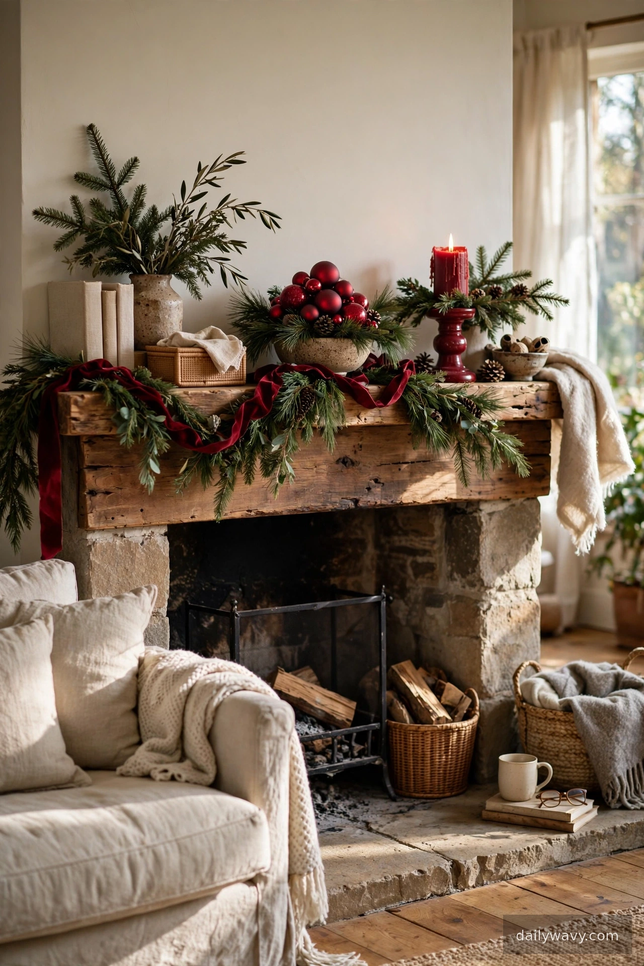 A single accent color repeated three times in Christmas mantel decor
