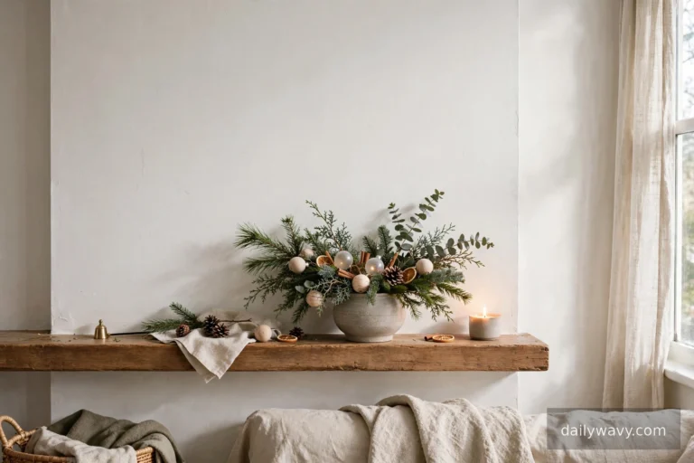 Christmas mantel decor shown in a complete styled scene