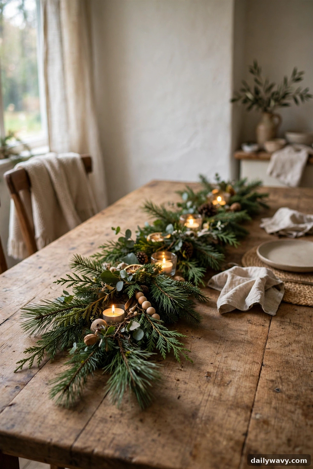 A simple seasonal garland placed safely on a Christmas table
