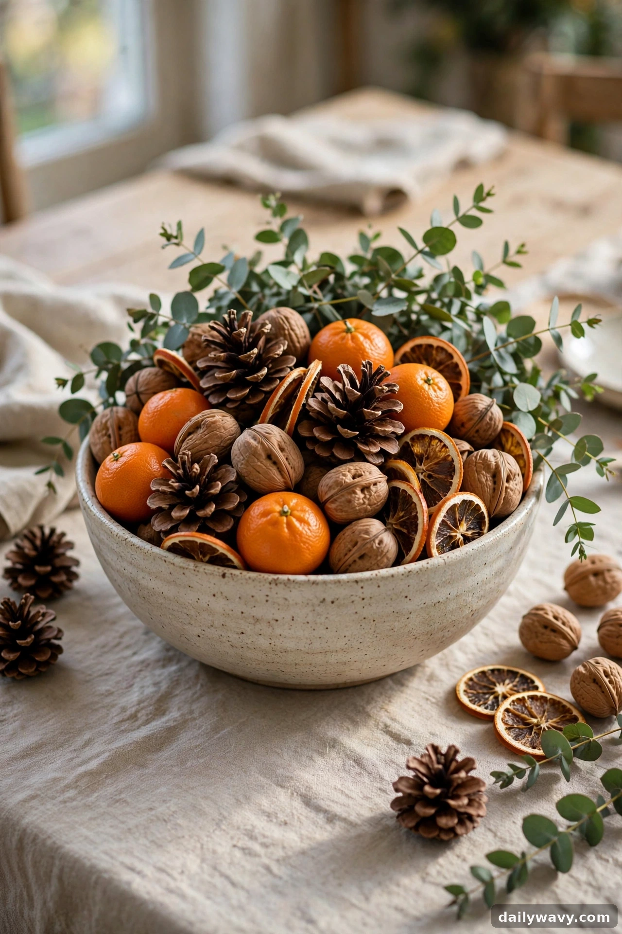 A bowl of season-appropriate natural objects on a Christmas table