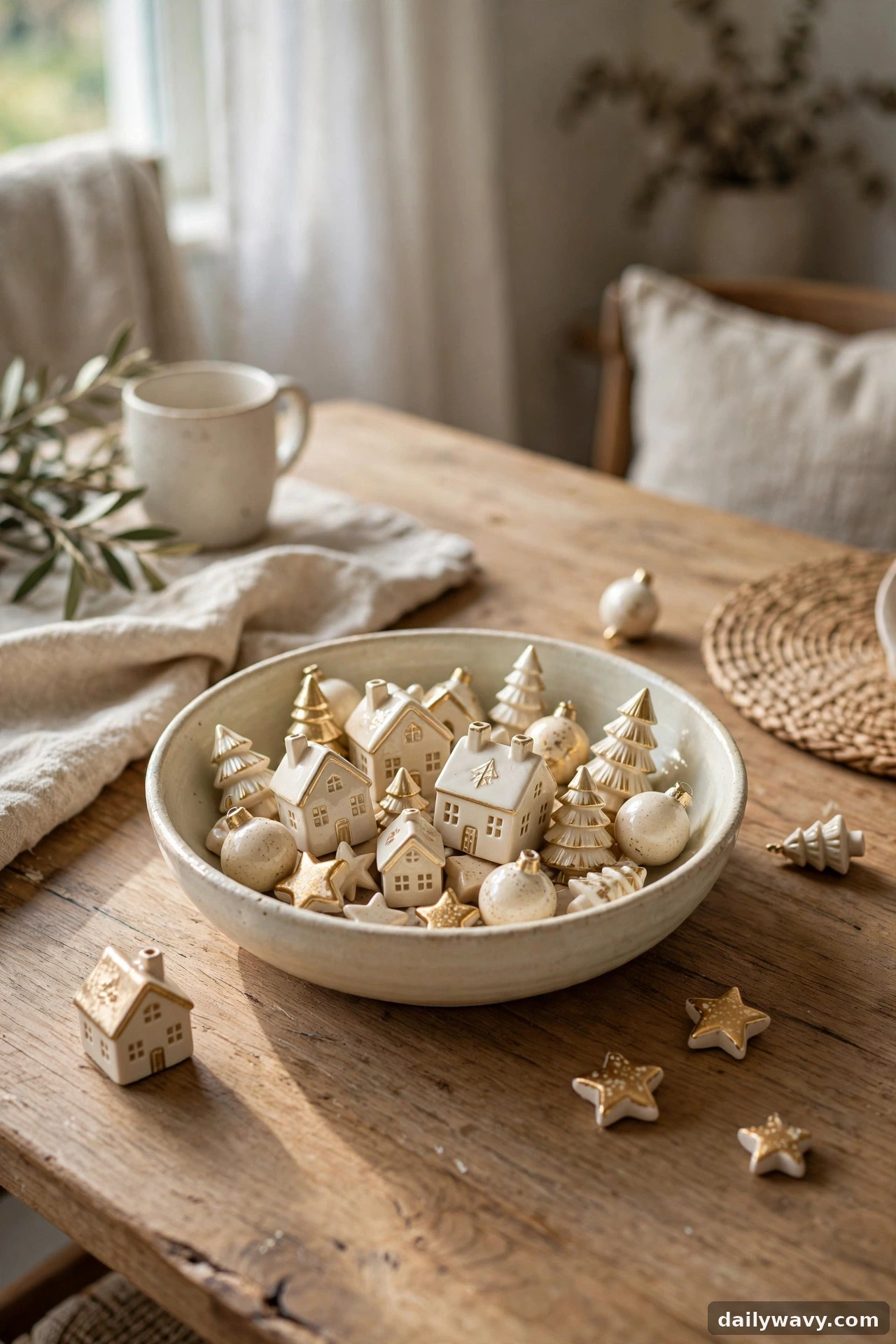 A cluster of small ceramic ornaments on a Christmas table