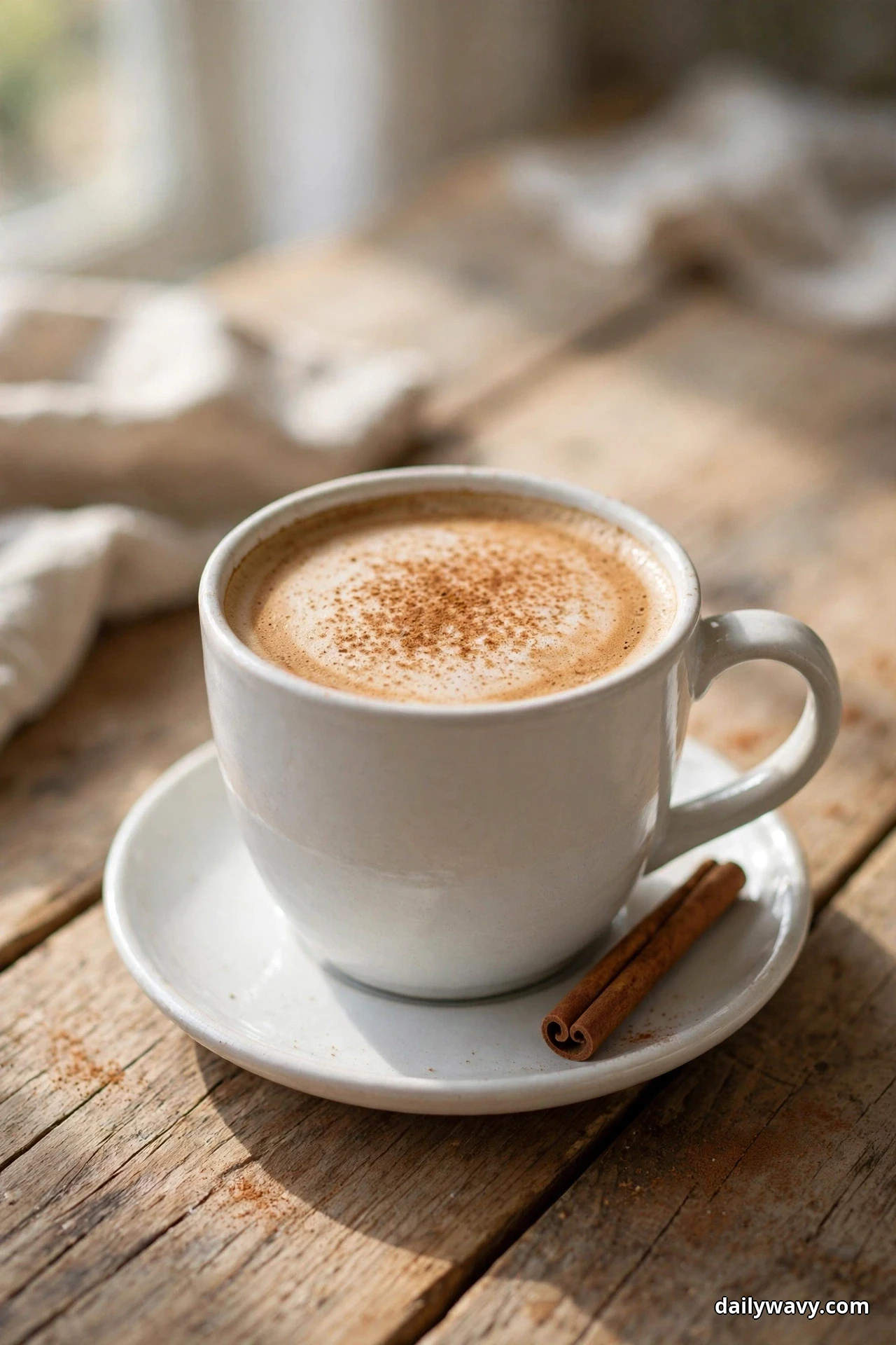 A white cup of cinnamon decaf latte with cinnamon-dusted foam stands on a saucer with a cinnamon stick on a rustic wooden table