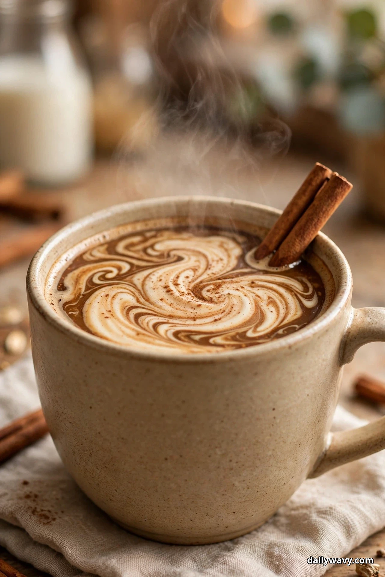 A speckled stoneware mug of hot coffee with swirled vanilla cream and a cinnamon dusting steams on a linen cloth