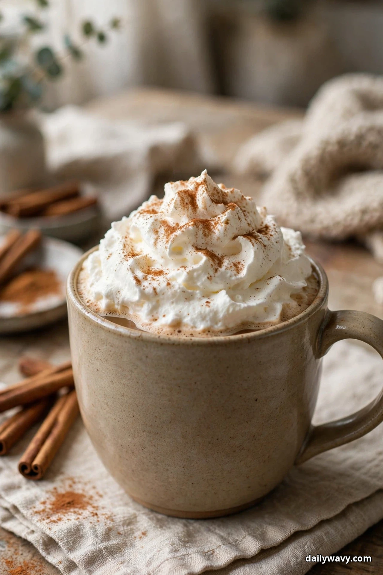 A mug of hot coffee is piled high with cinnamon whipped cream dusted with cinnamon, with cinnamon sticks beside it