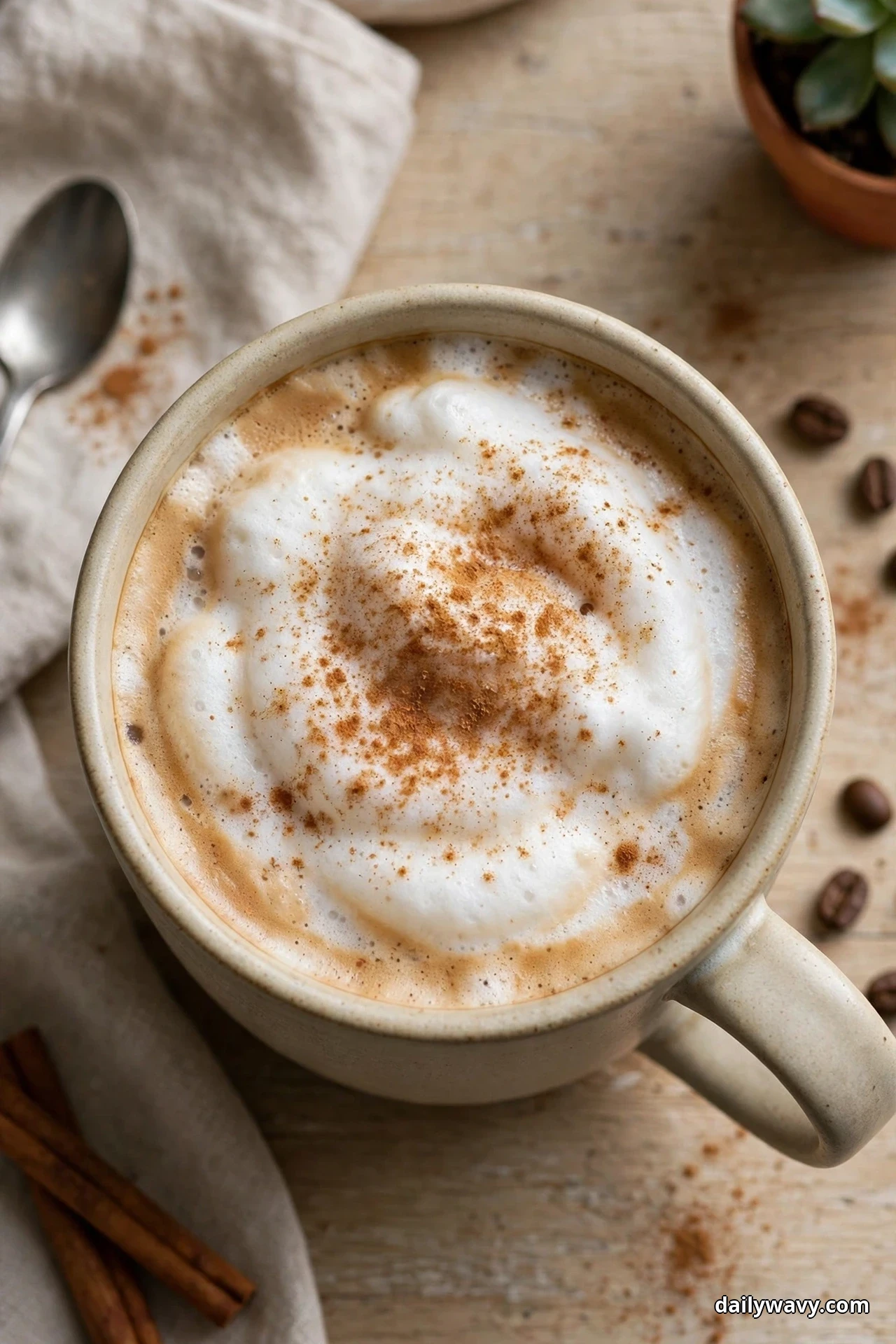 A mug of cinnamon soy-milk latte with a thick cap of foam dusted with cinnamon is seen from above