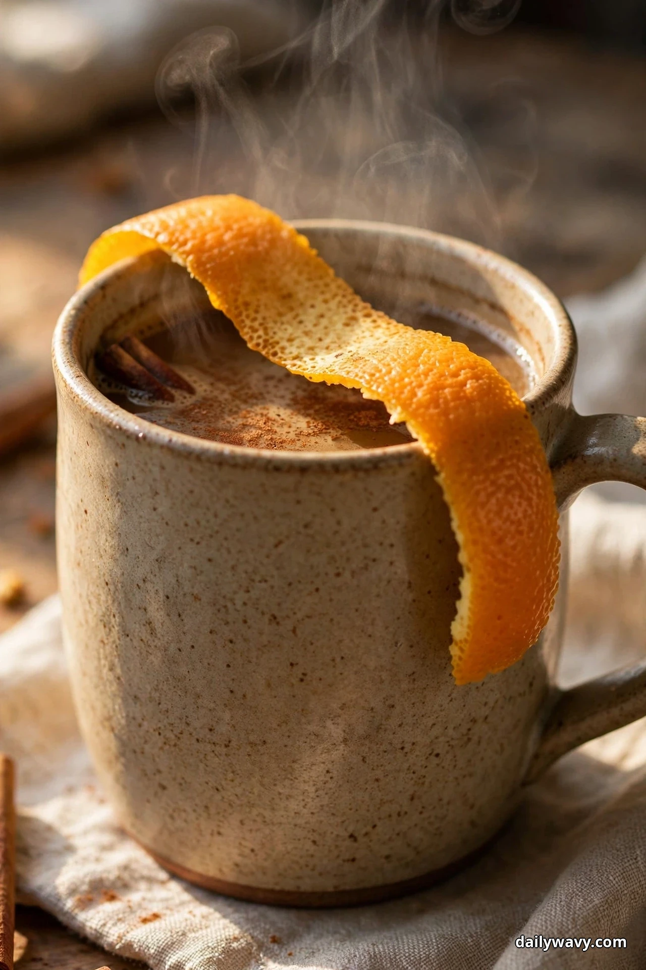 A steaming stoneware mug of coffee with cinnamon has a long strip of orange zest draped over its rim