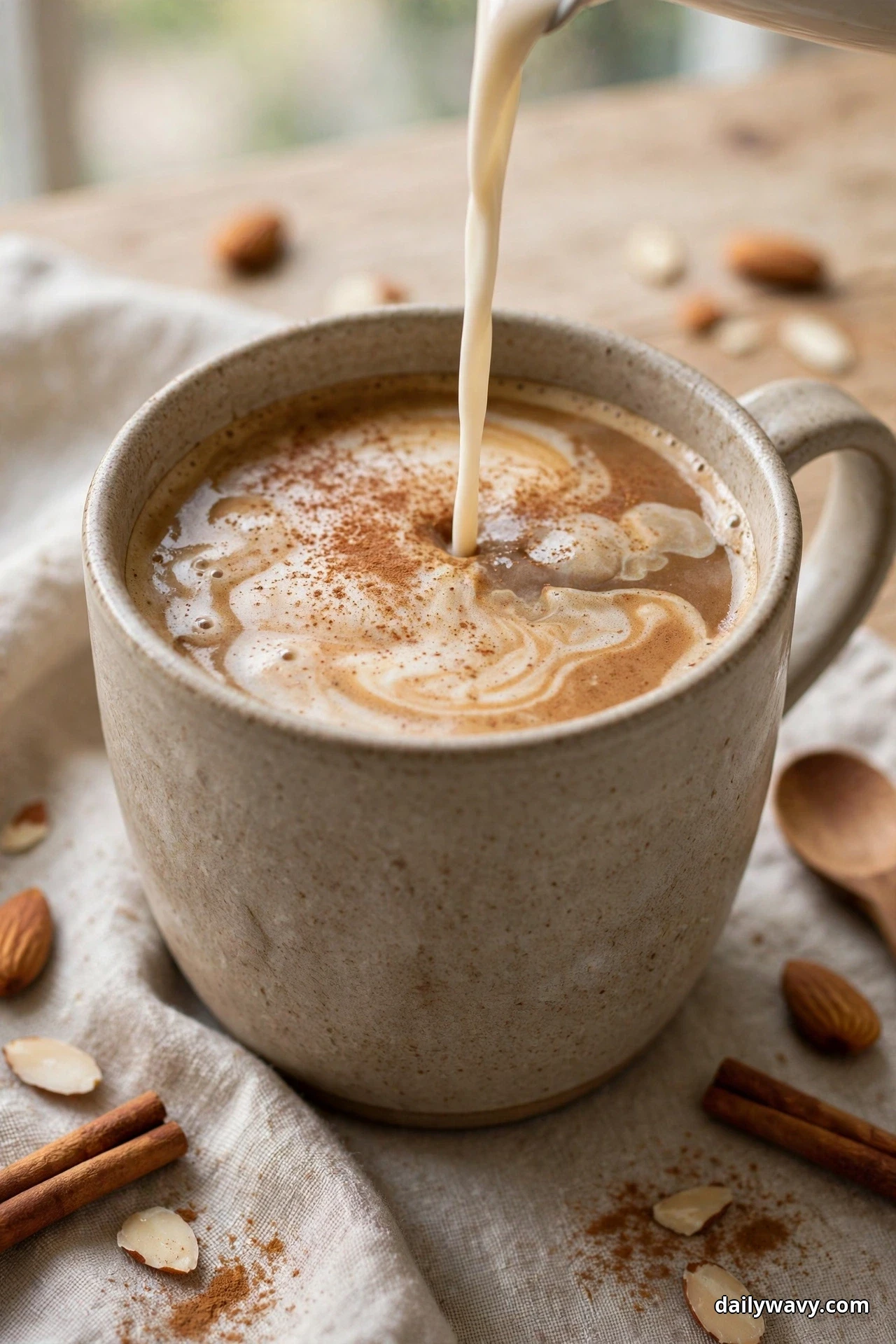 Milk pours in a thin stream into a stoneware mug of cinnamon almond-milk latte dusted with cinnamon