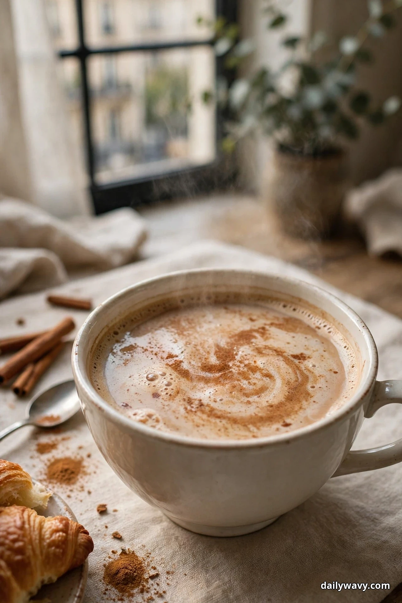 A wide white cup of cinnamon cafe au lait with swirled steamed milk and a cinnamon dusting sits on a cafe table