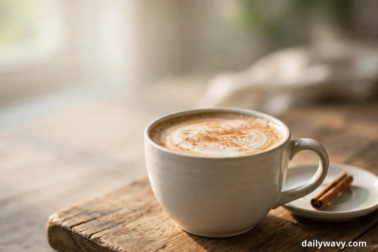 A ceramic mug of cinnamon latte with cinnamon-dusted milk foam sits on a wooden board beside a small saucer holding a cinnamon stick