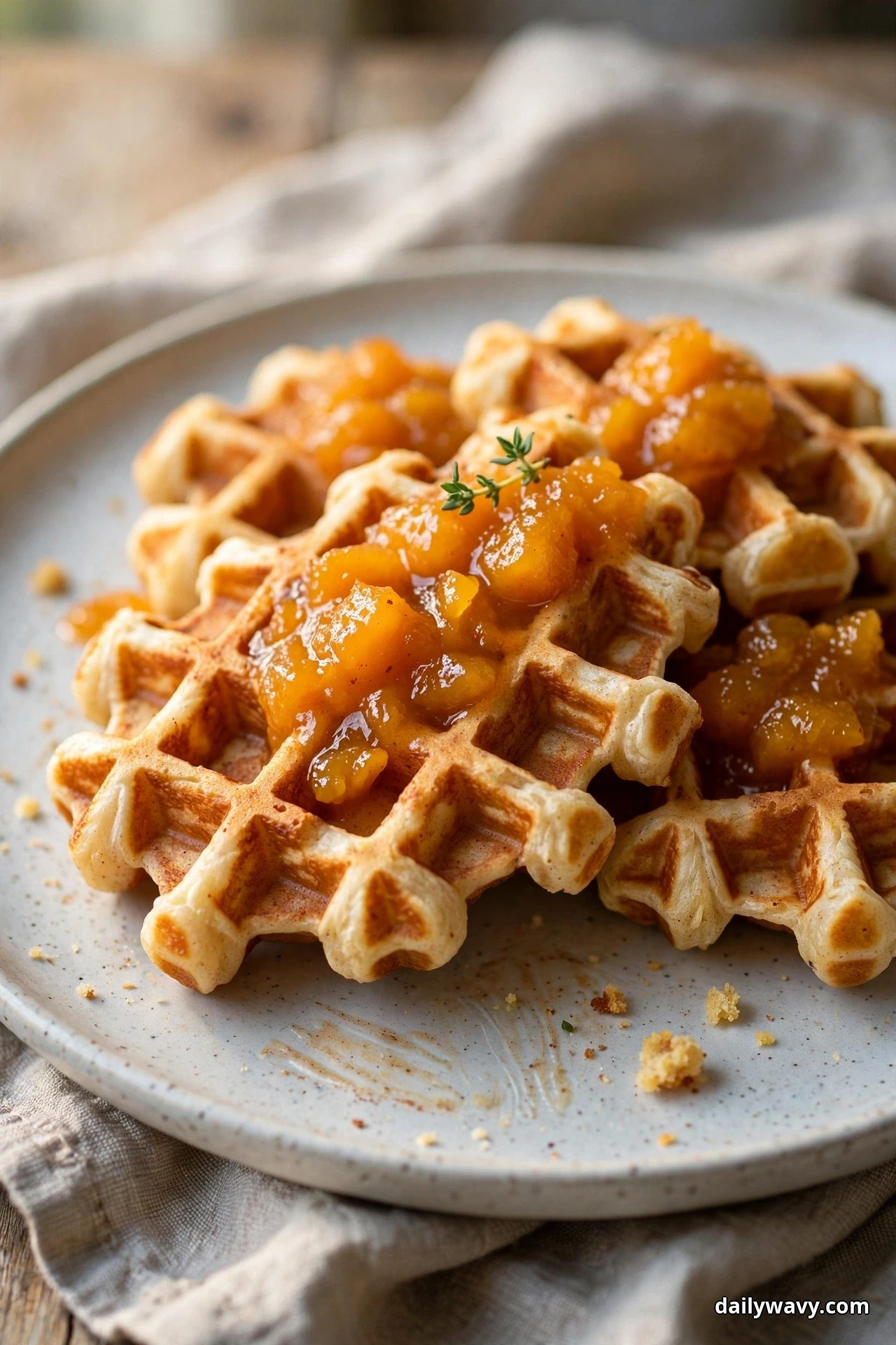 Cinnamon waffles are topped with a chunky warm apricot compote and a small sprig of thyme
