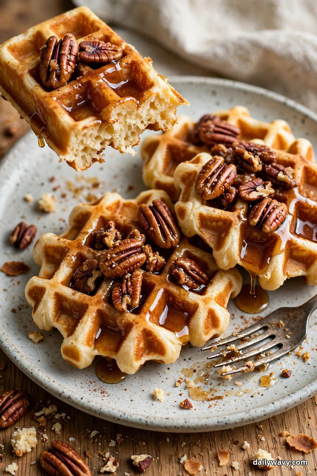 Cinnamon waffles are covered with candied pecan halves and maple syrup, with one waffle quarter lifted at the top of the plate and a fork resting beside it