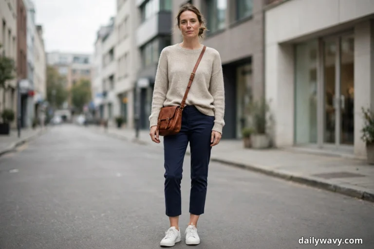 A woman stands full length on a city street wearing an oatmeal knit sweater over navy cropped trousers, with white leather sneakers and a cognac leather crossbody bag at her hip