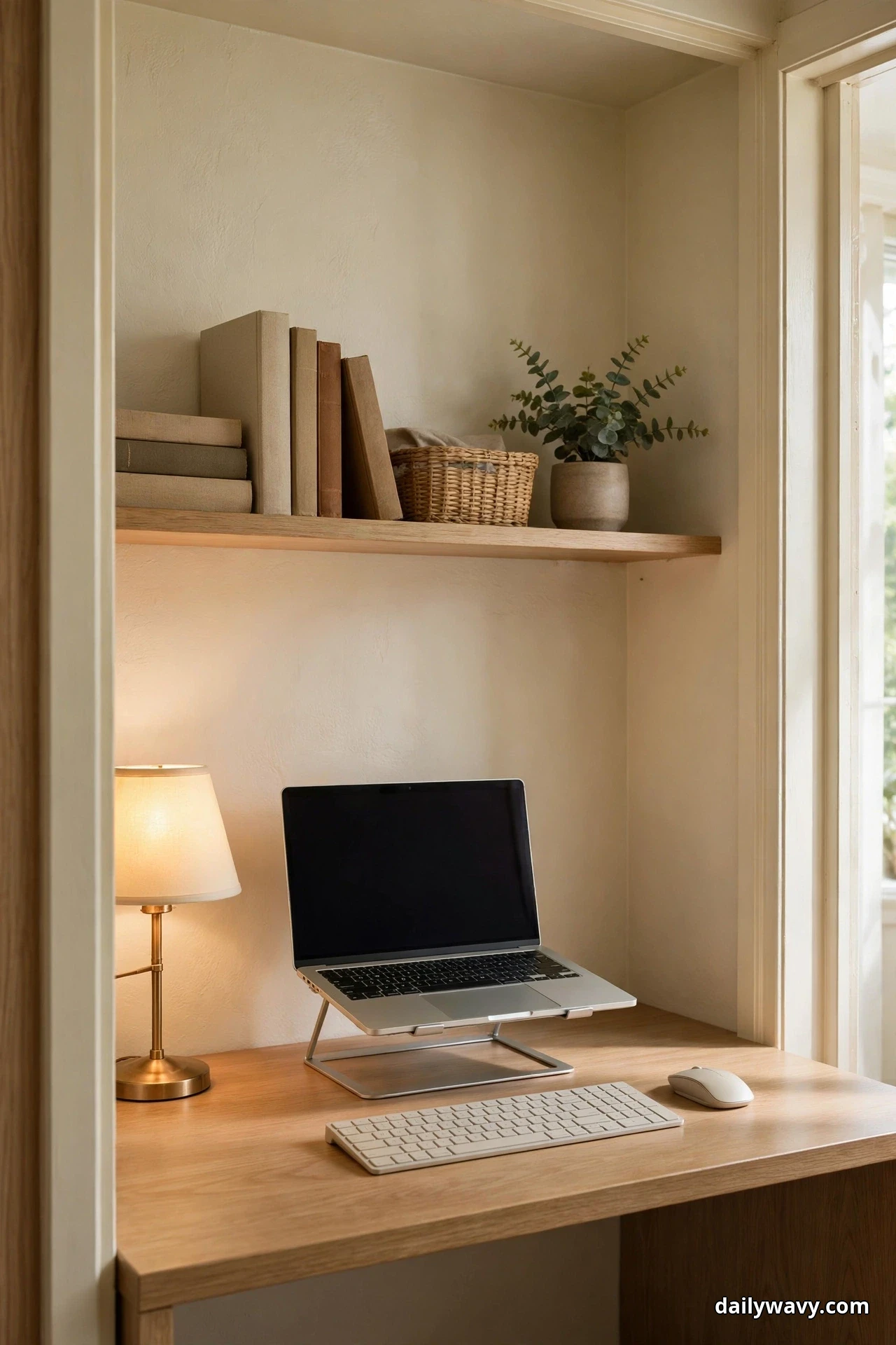 A laptop on a silver stand sits on a wood closet desk with a white wireless keyboard and mouse in front of it, a brass table lamp at the left and a wood shelf above holding books, a small woven basket and a potted eucalyptus