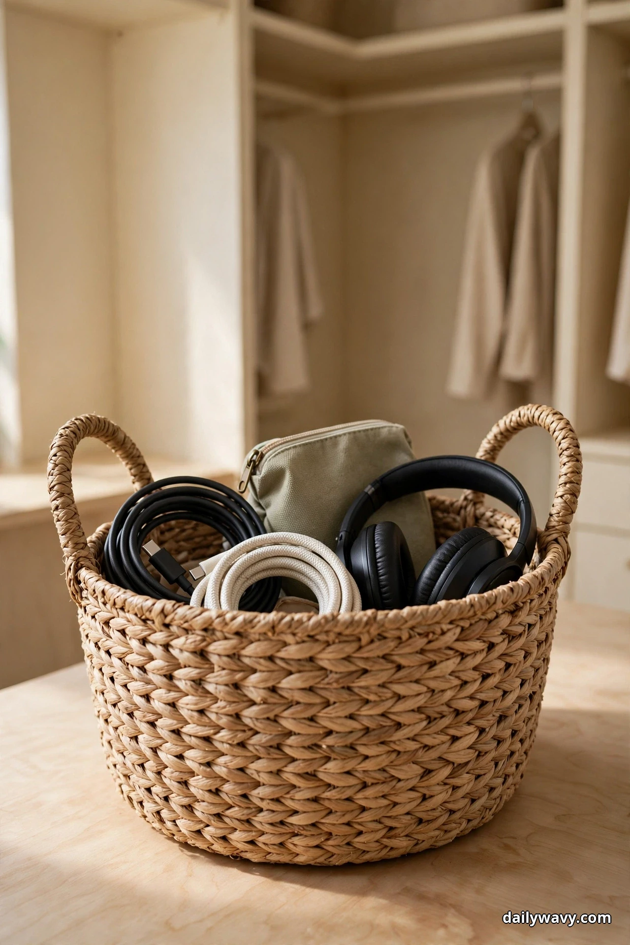 A woven seagrass basket with two handles holds black over-ear headphones, coiled black and white cables and a sage zip pouch on a light wood surface, with hanging clothes blurred in the closet behind it